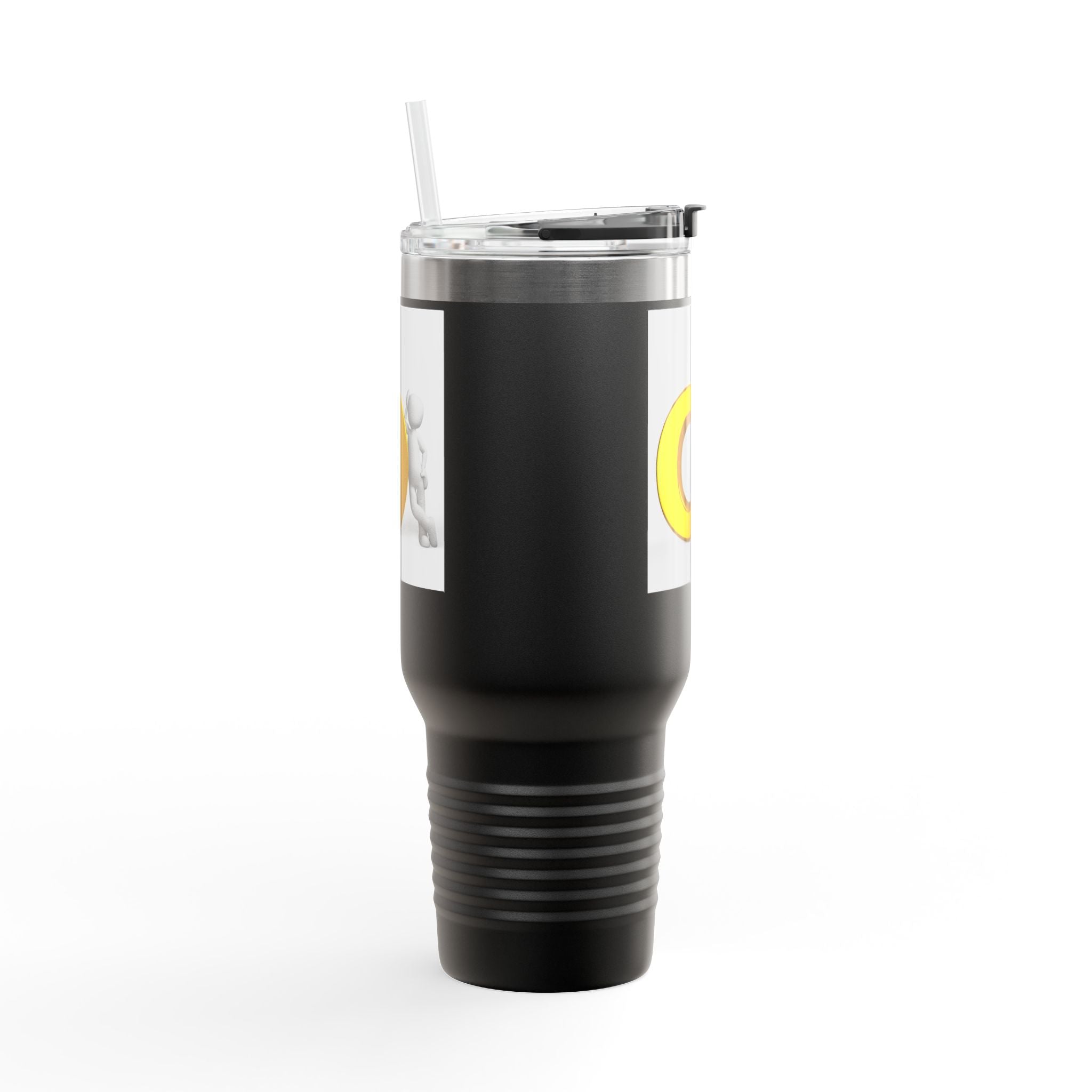 Personne 3D poussant une lettre O en or sur un gobelet de voyage | Gobelet isotherme de 40 oz