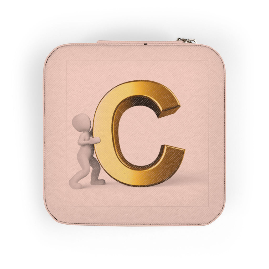 Gold Letter C Monogram Jewelry Travel Case | Compact Pink Jewelry Organizer