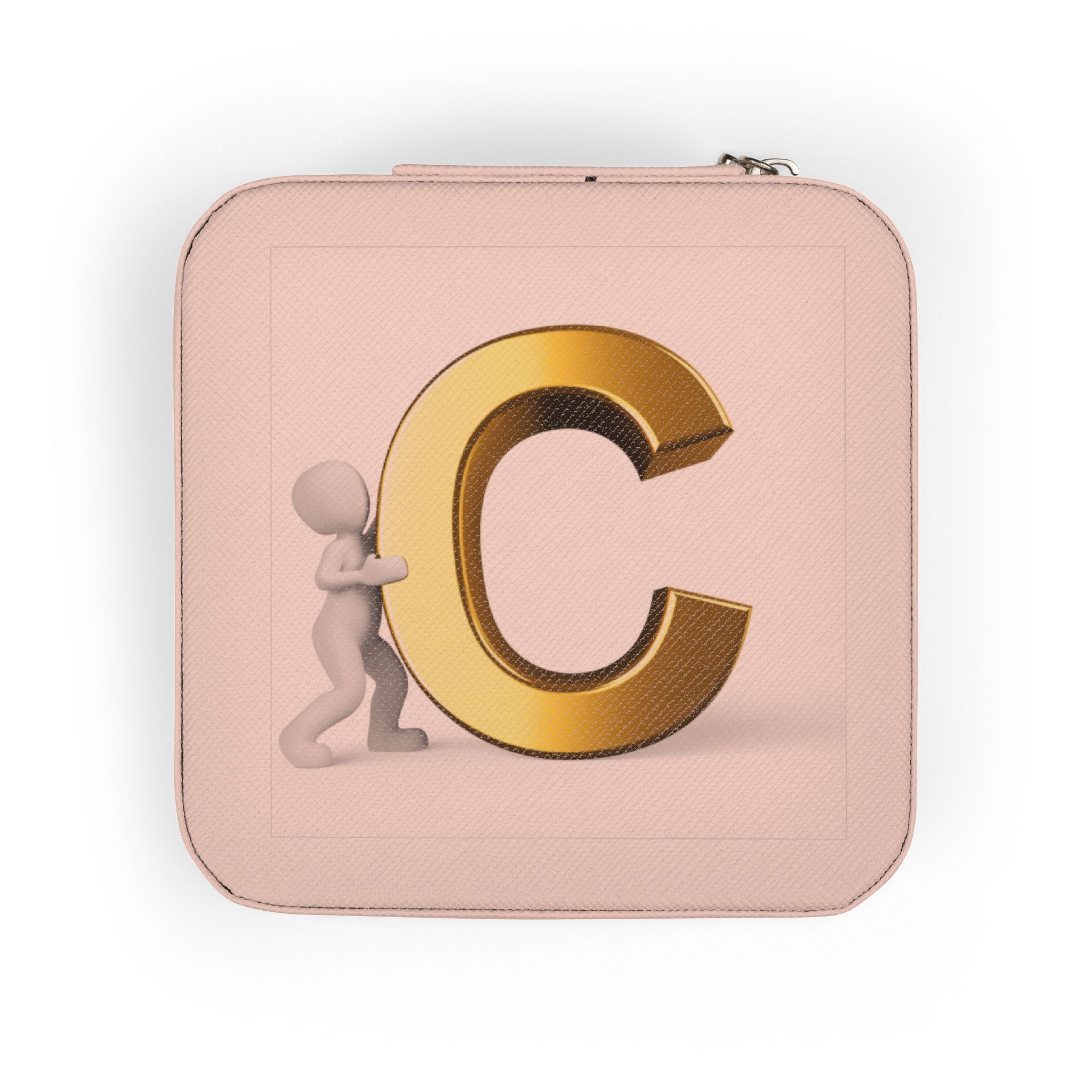 Gold Letter C Monogram Jewelry Travel Case | Compact Pink Jewelry Organizer