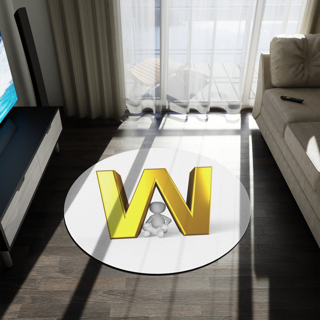 Gold Letter W with Sitting Figure Round Rug | Monogram Initial Rug