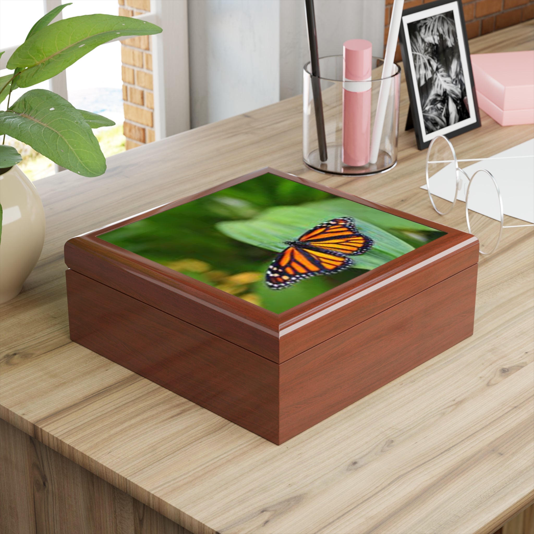 Monarch Butterfly Jewelry Box | Floral Green Nature Keepsake