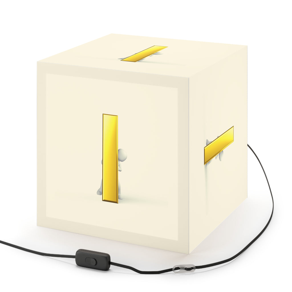Tiny Figure Peeking Through Gold Letter i Light Cube Lamp | Modern Minimalist Night Light