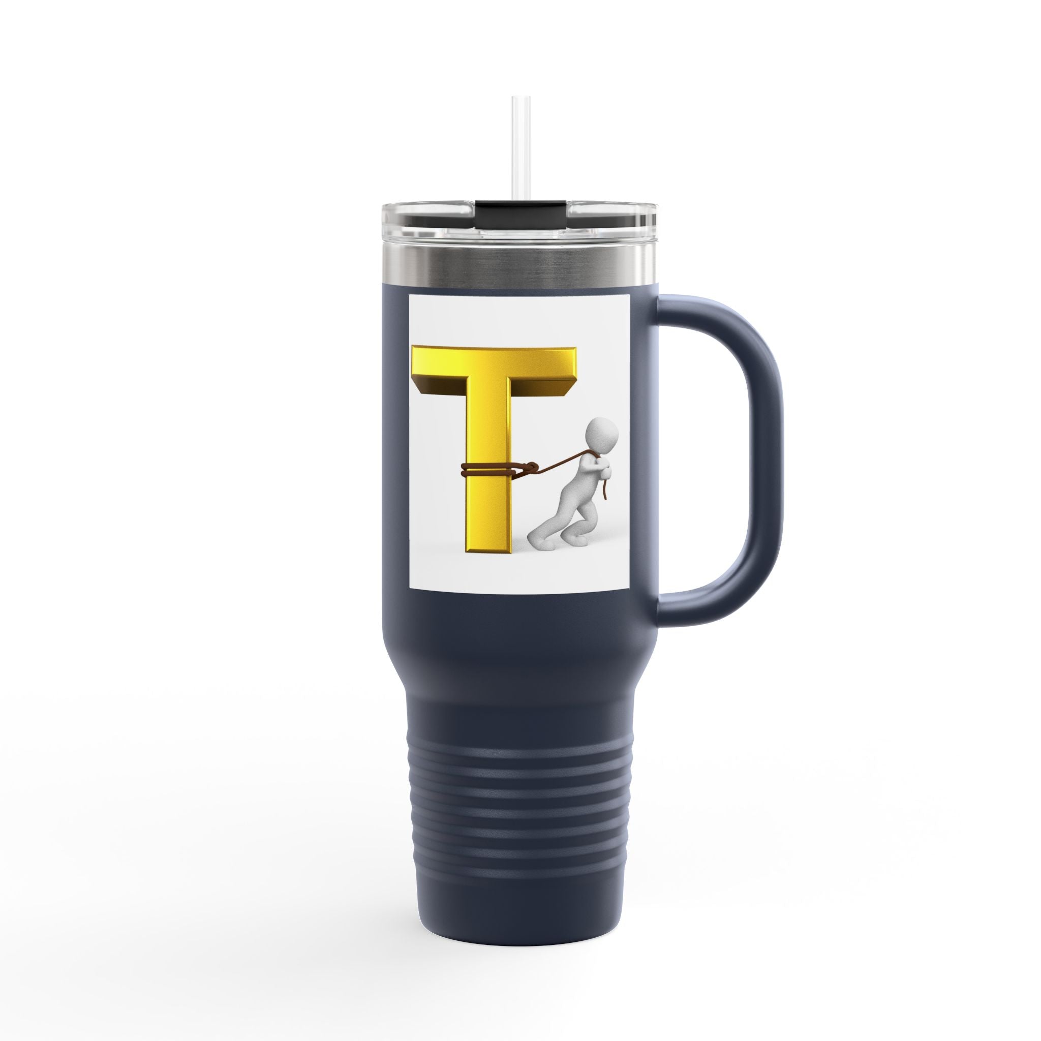 3D Stick Figure Pulling Gold Letter T Travel Mug | 40oz Insulated Tumbler