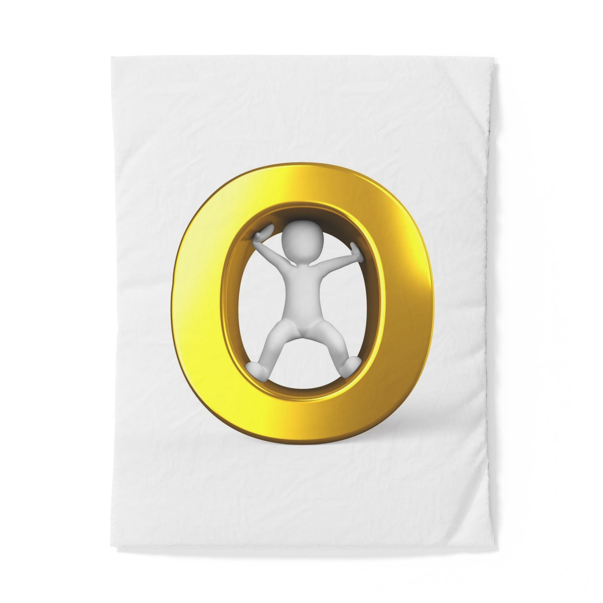 3D Stick Figure Inside Gold Letter O Duvet Cover | Minimal Graphic Bedding