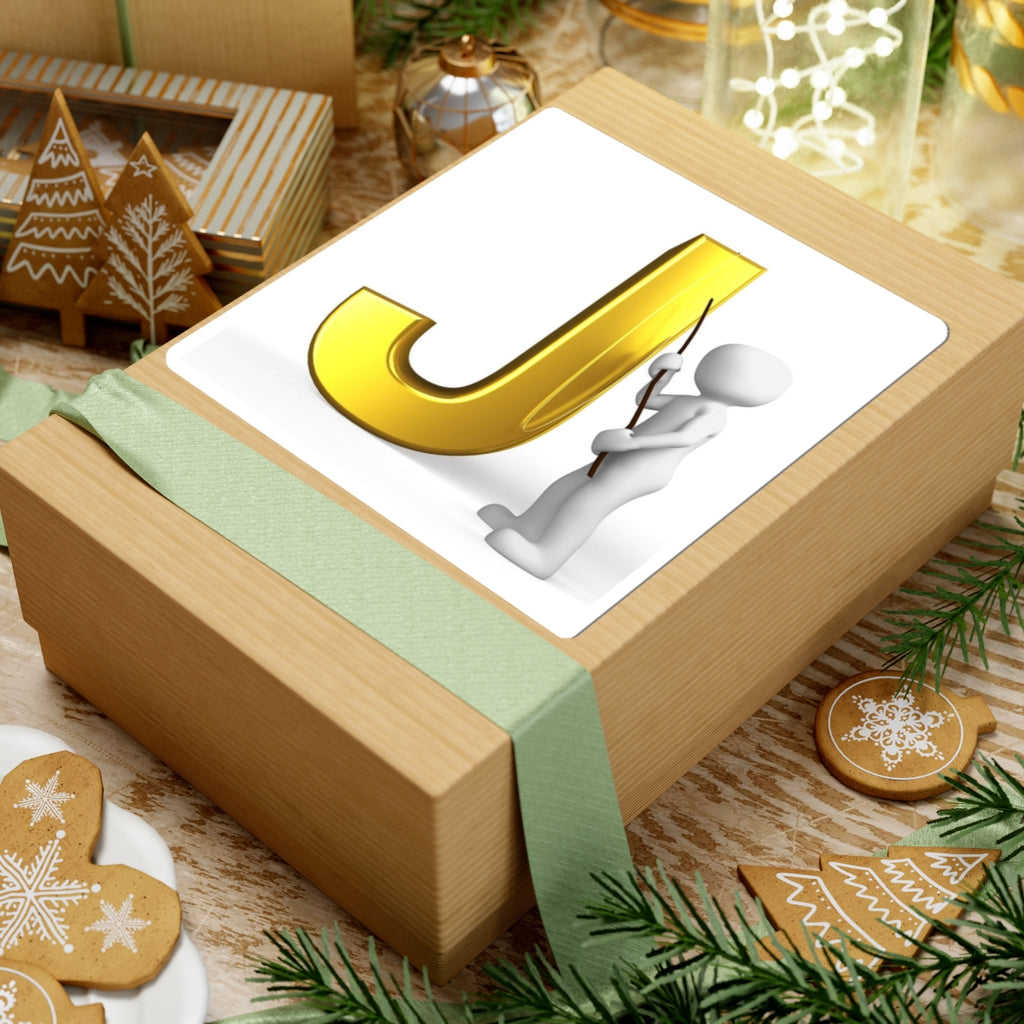 Gold Letter J with 3D Figure Kiss-Cut Sticker | Monogram Initial Decal