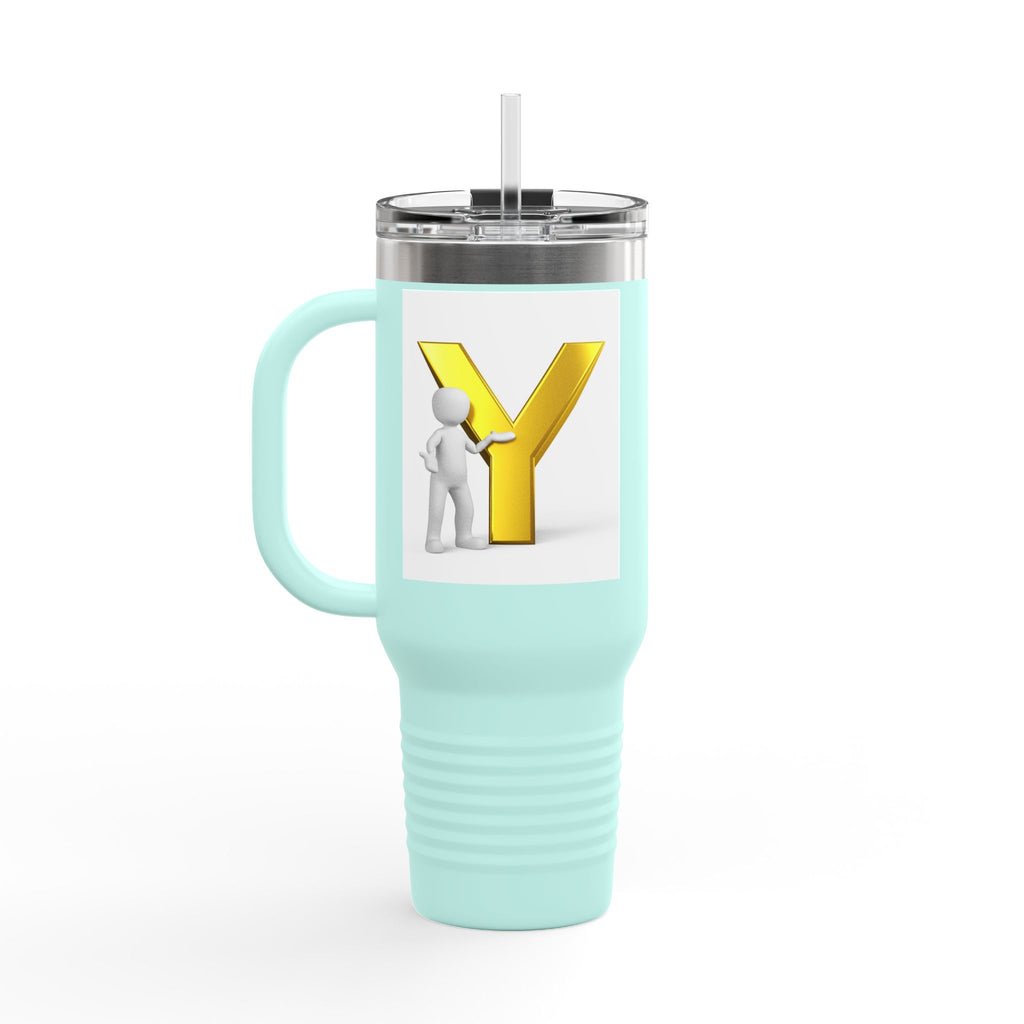 Yellow 3D Letter Y with Figure Travel Mug
