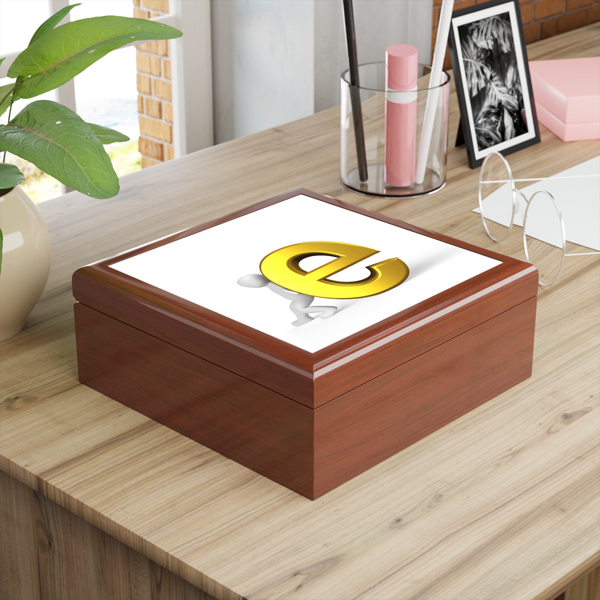 3D Gold 'e' Letter with Figure Jewelry Box | Personalized Initial Keepsake