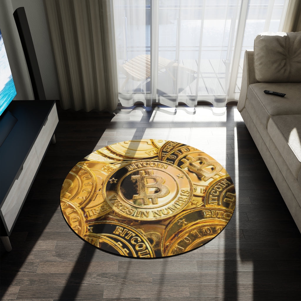 Bitcoin Coin Pile Round Rug | Cryptocurrency Decor, Gold Coin Pattern