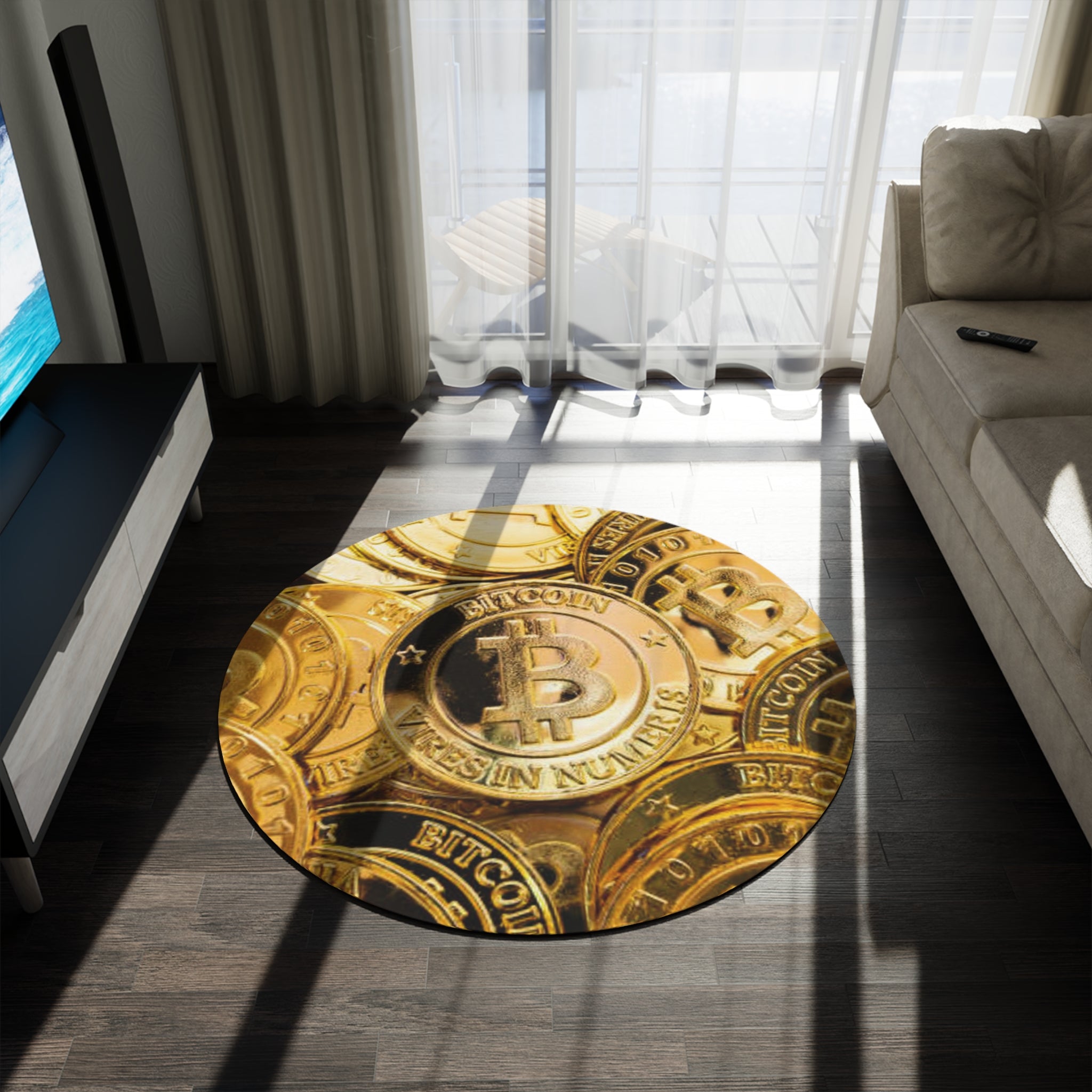 Bitcoin Coin Pile Round Rug | Cryptocurrency Decor, Gold Coin Pattern