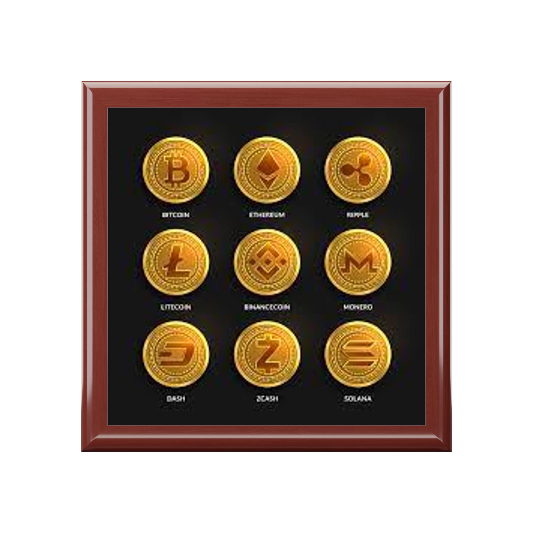 Cryptocurrency Coin Icons Jewelry Box | Bitcoin Ethereum Ripple Litecoin Display