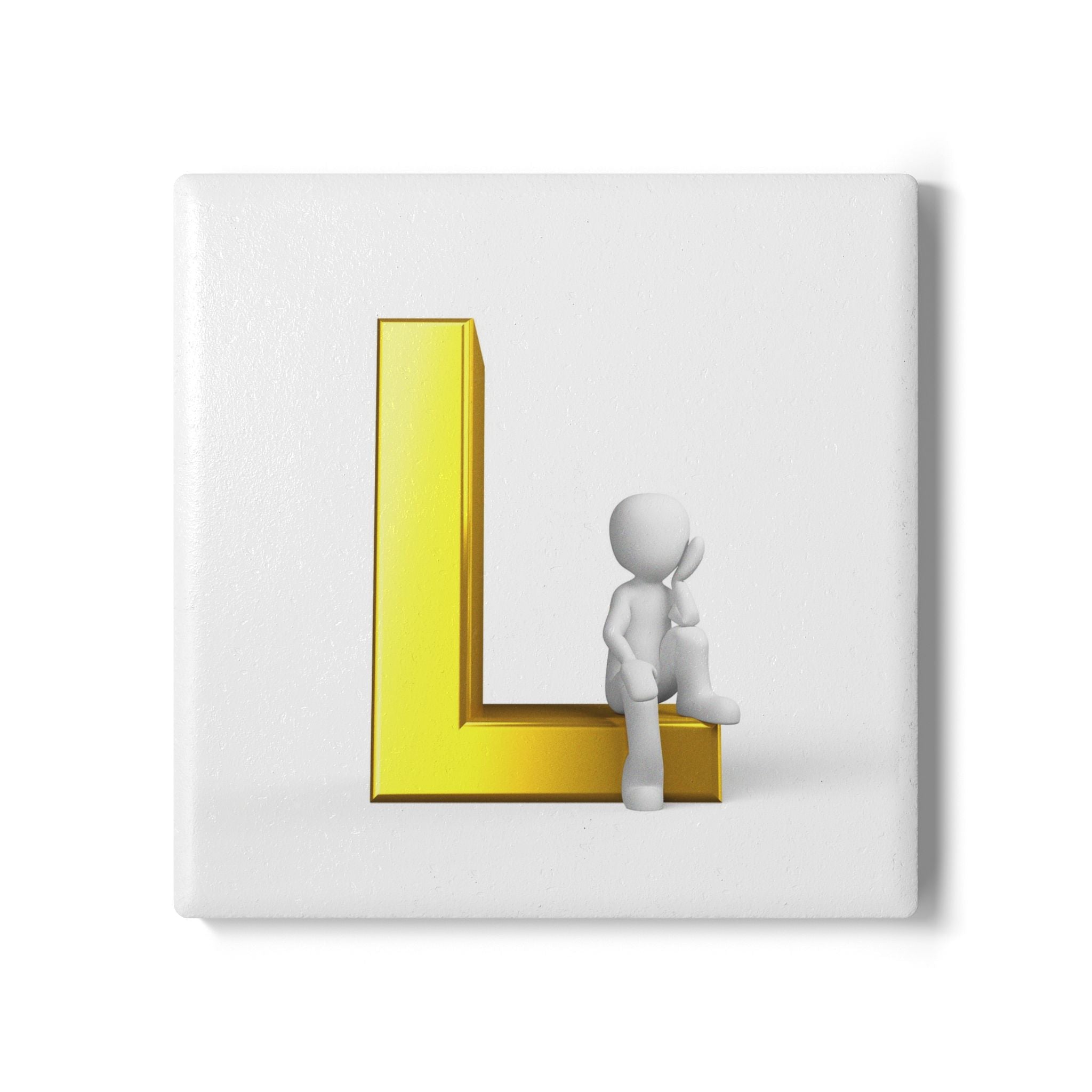 Gold Letter L with Sitting Figure Ceramic Coaster | Monogram Initial Coaster