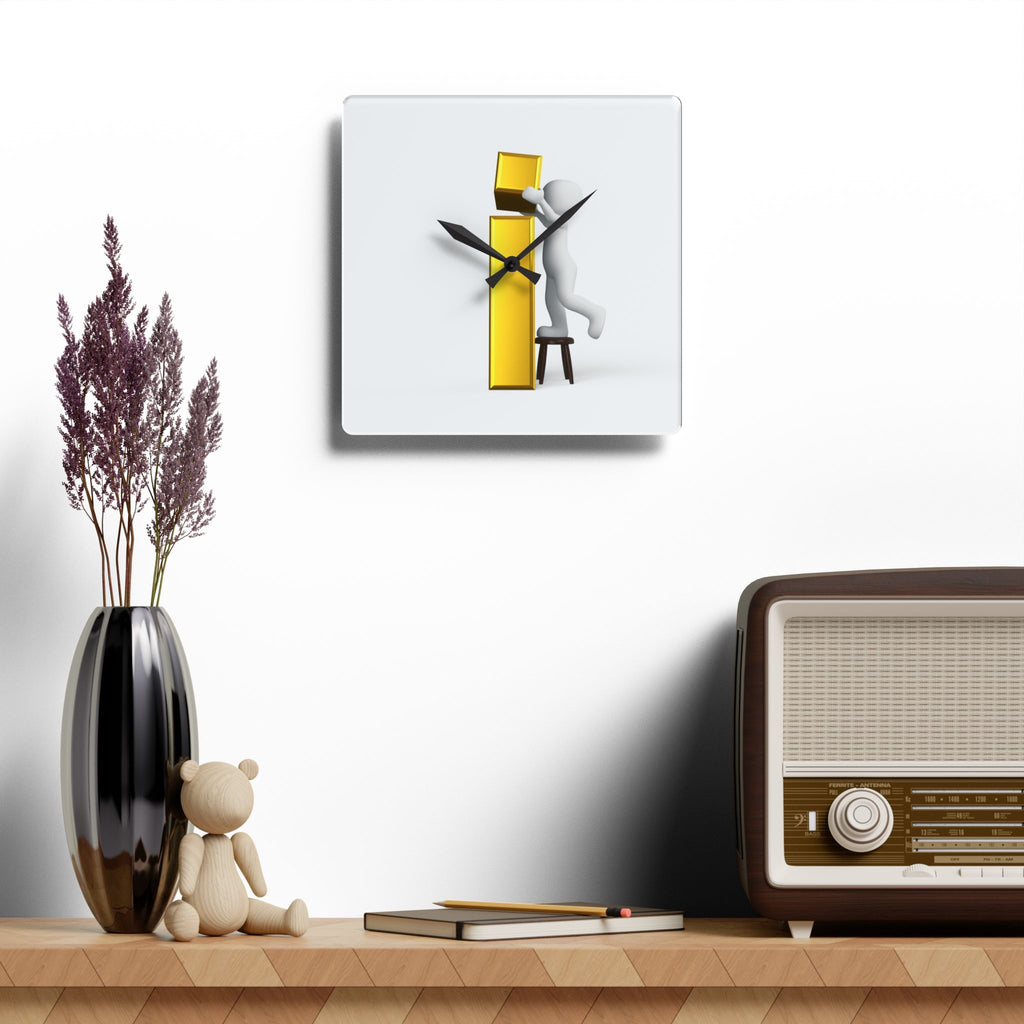 3D Figure Holding Gold Letter i Acrylic Wall Clock, modern typographic decor