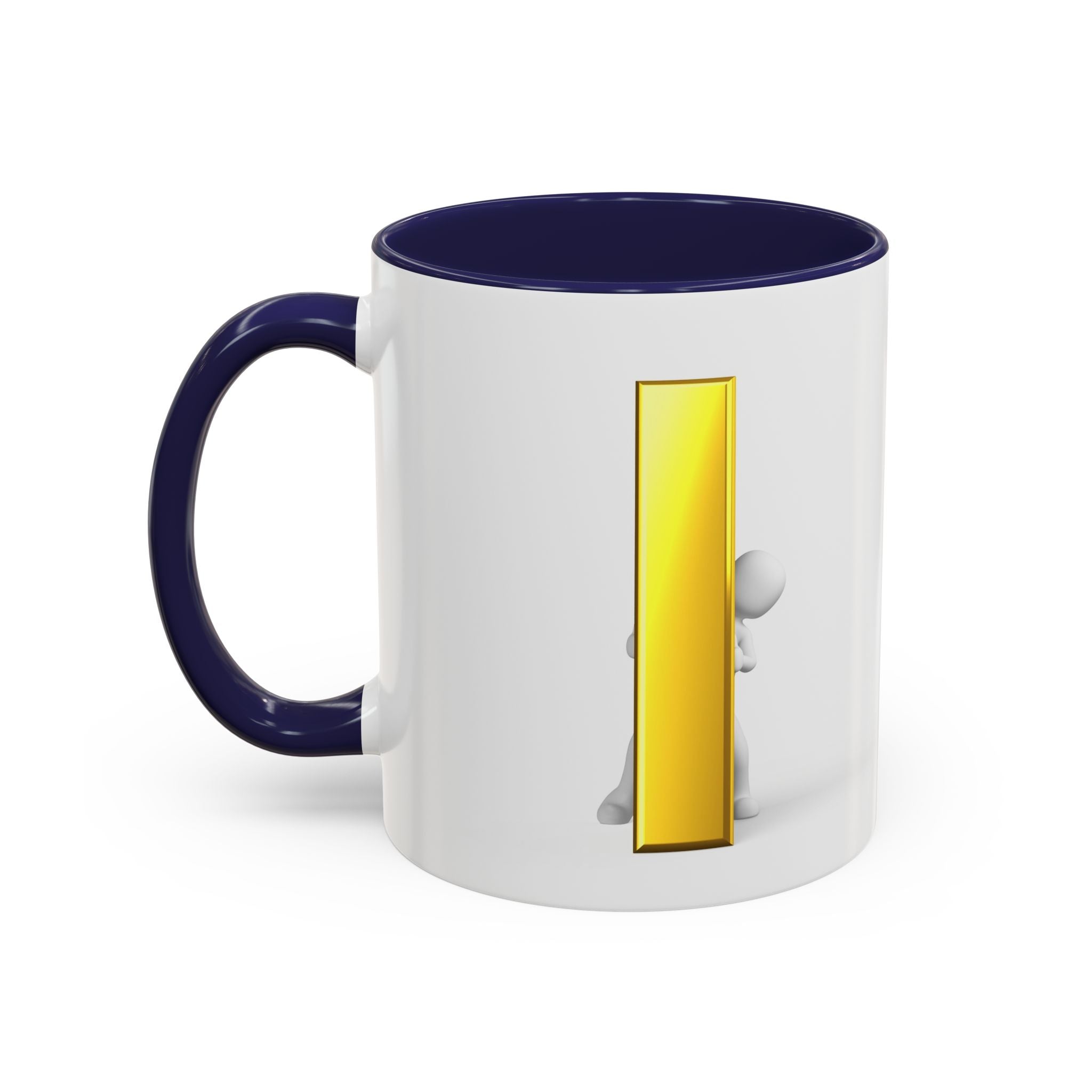 Mug en céramique avec bonhomme allumette jetant un coup d'œil derrière la lettre i dorée | Tasse à café avec anse et intérieur contrastants