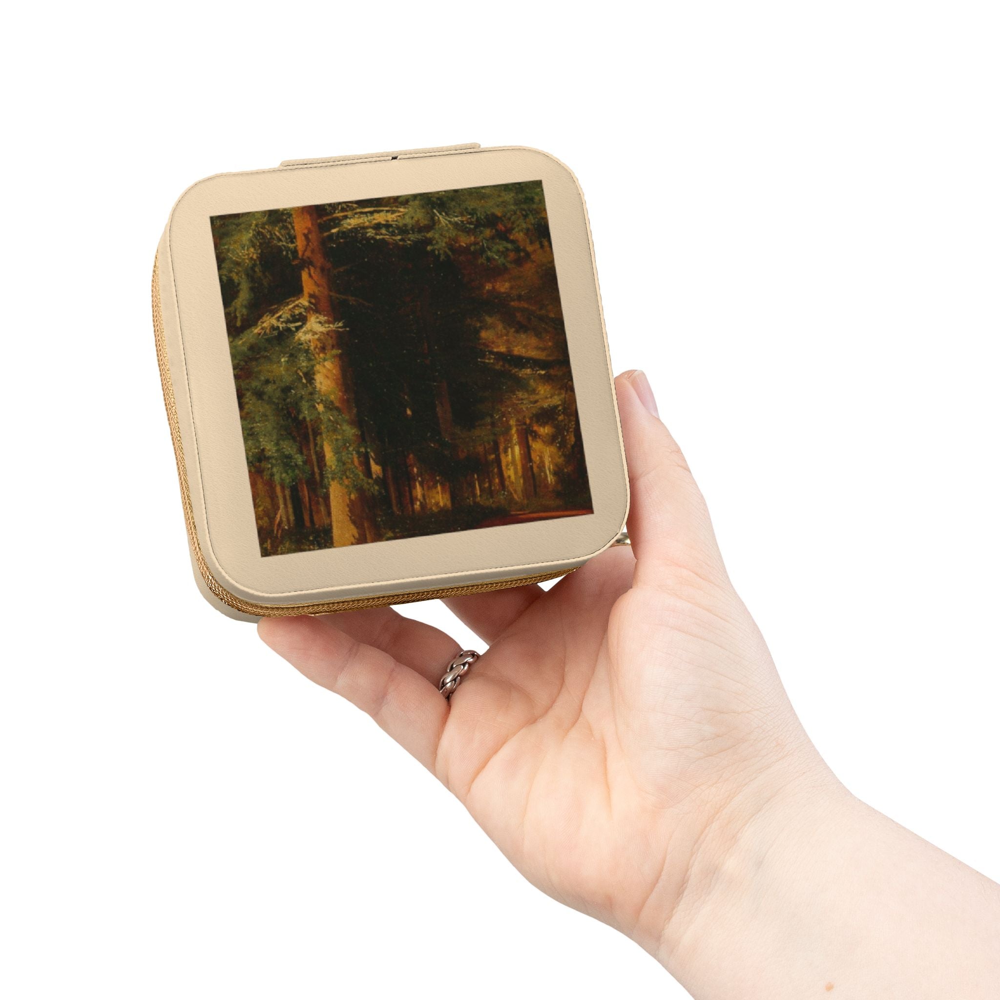 Étui de voyage pour bijoux en forme de carré compact avec peinture à l'huile de forêt | Boîte à bijoux carrée compacte