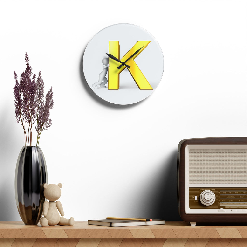 3D Yellow Letter K with Figure Acrylic Wall Clock | Alphabet Initial Decor