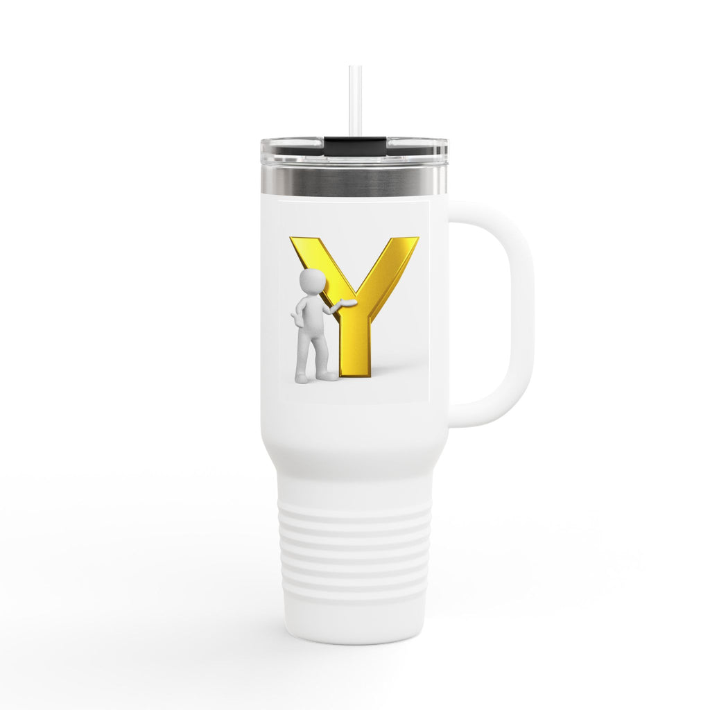 Yellow 3D Letter Y with Figure Travel Mug