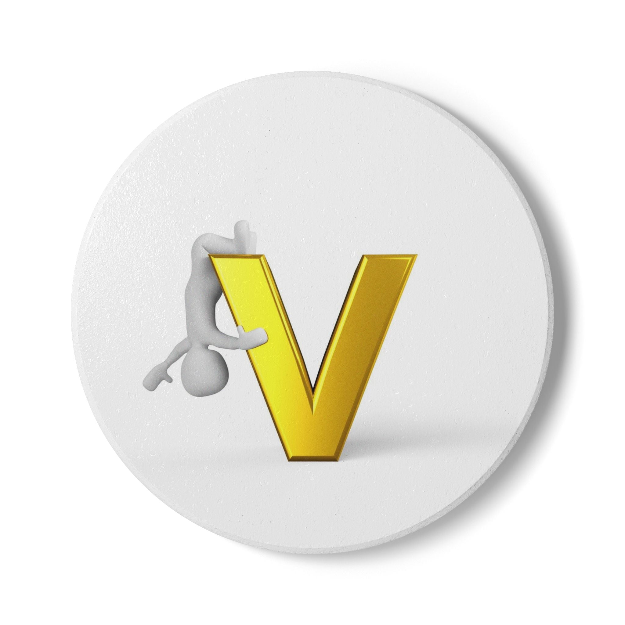 Golden Letter V with Climbing Figure Ceramic Coaster | Monogram Initial Coaster