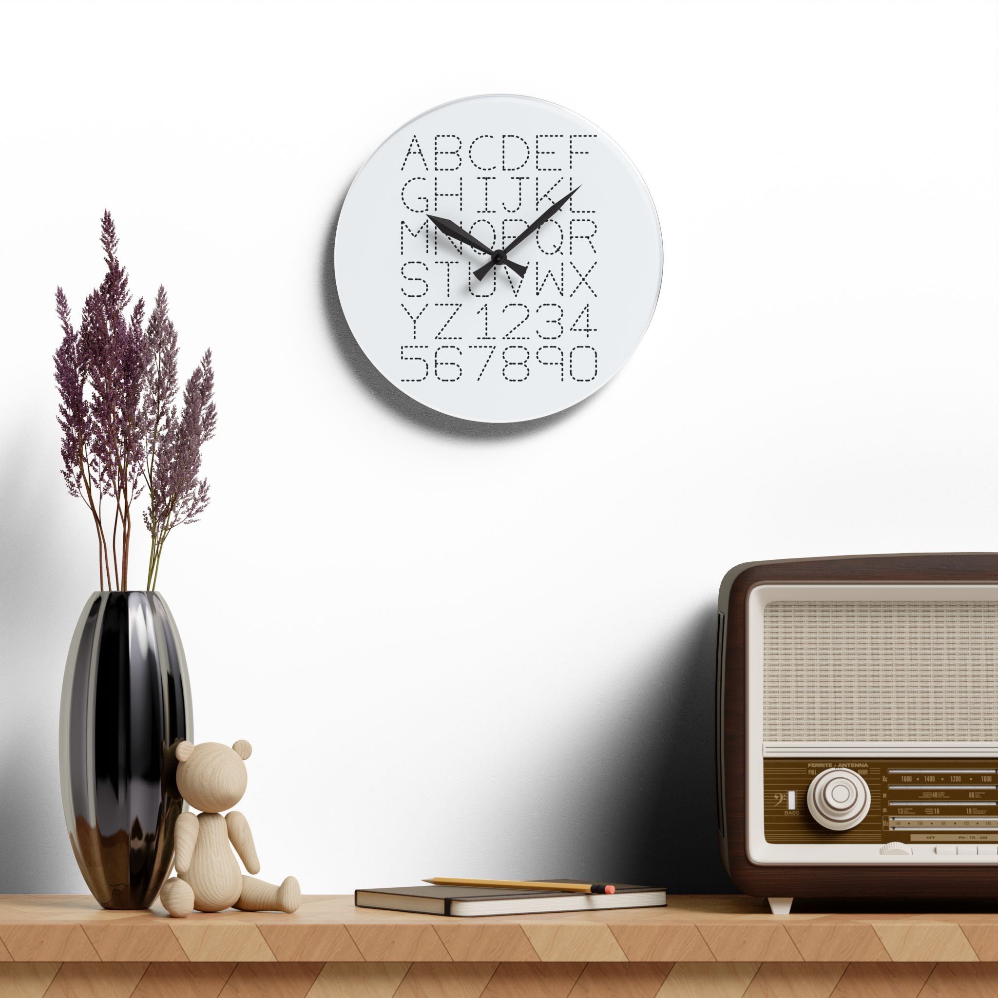 Alphabet and Numbers Dot Grid Acrylic Wall Clock | Modern Typography Home Decor