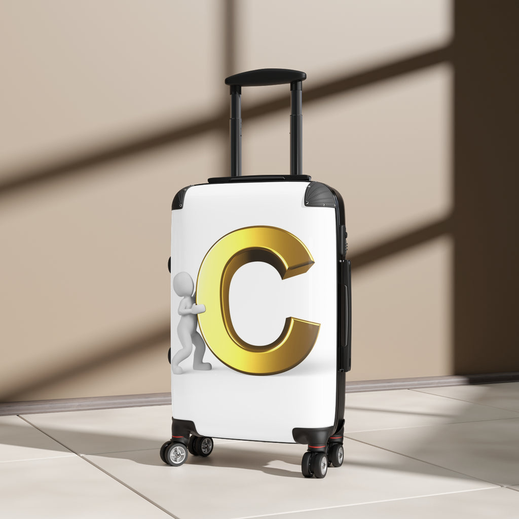 3D Character Pushing Gold Letter C Suitcase | Monogram Luggage