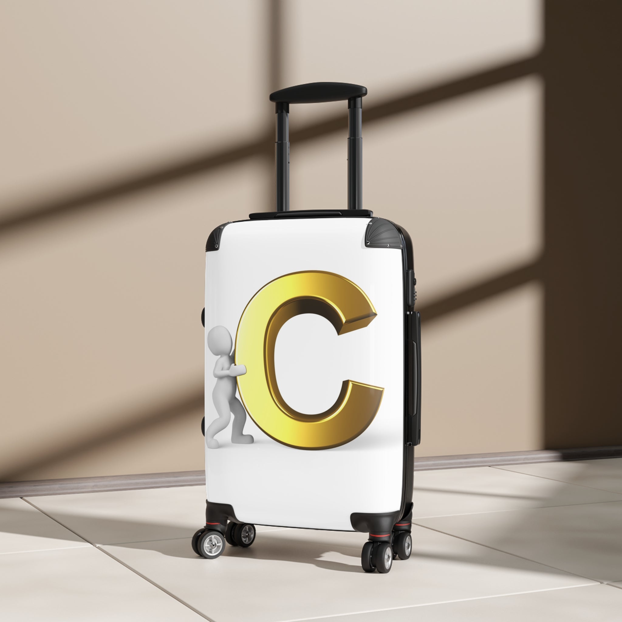 3D Character Pushing Gold Letter C Suitcase | Monogram Luggage