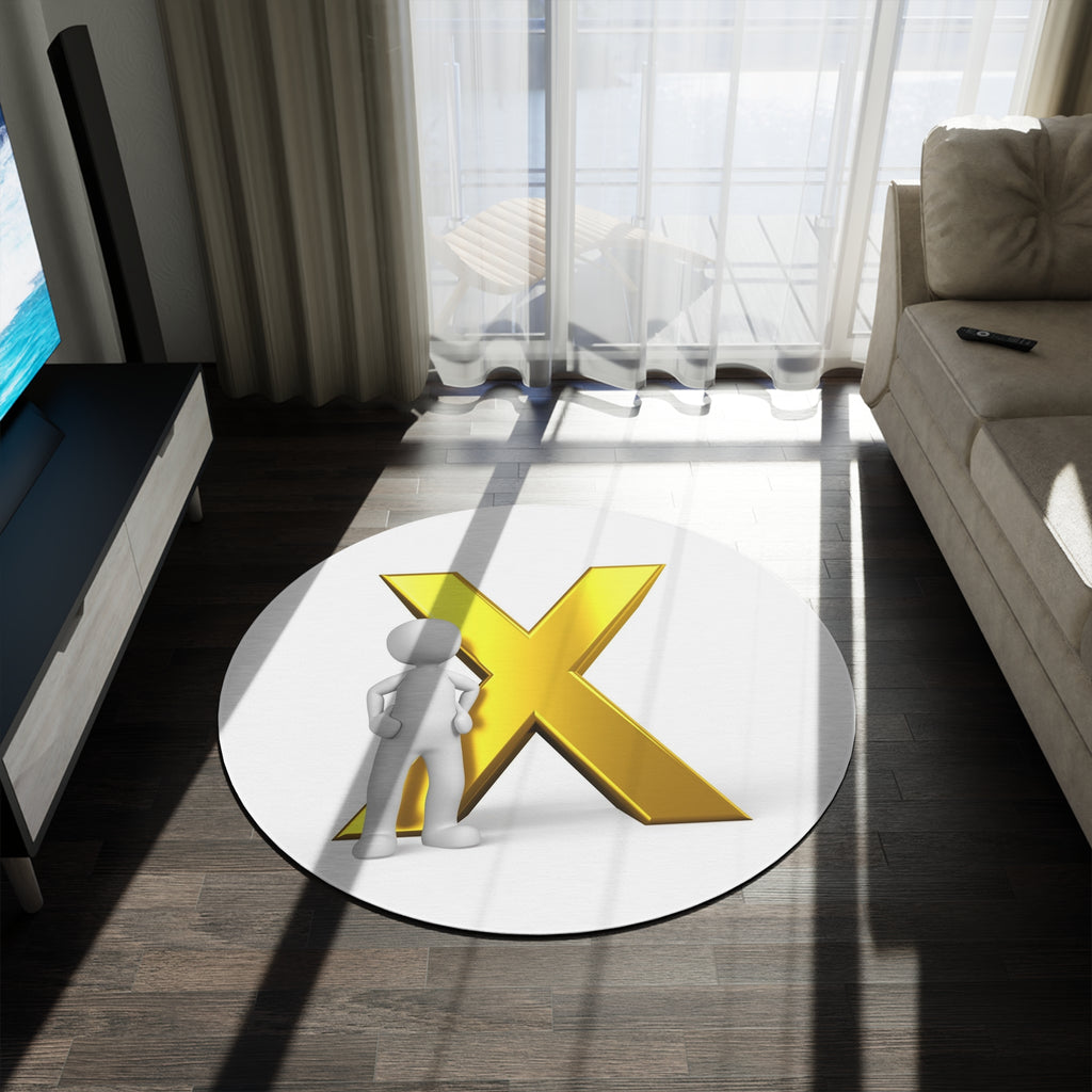 3D Person with Gold X Round Rug | Modern Alphabet Initial Floor Mat
