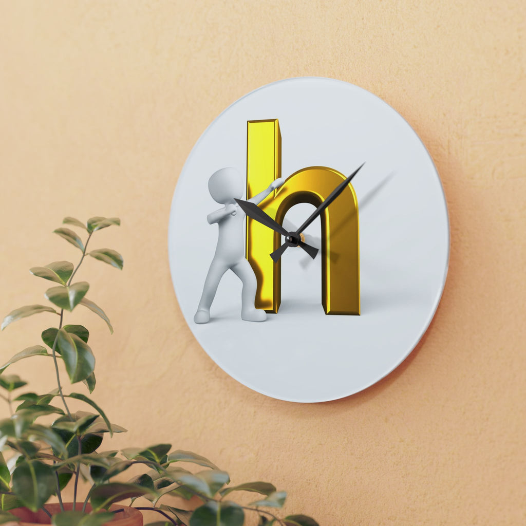 3D Person Pushing Gold Letter h Acrylic Wall Clock | Modern Lettering Decor