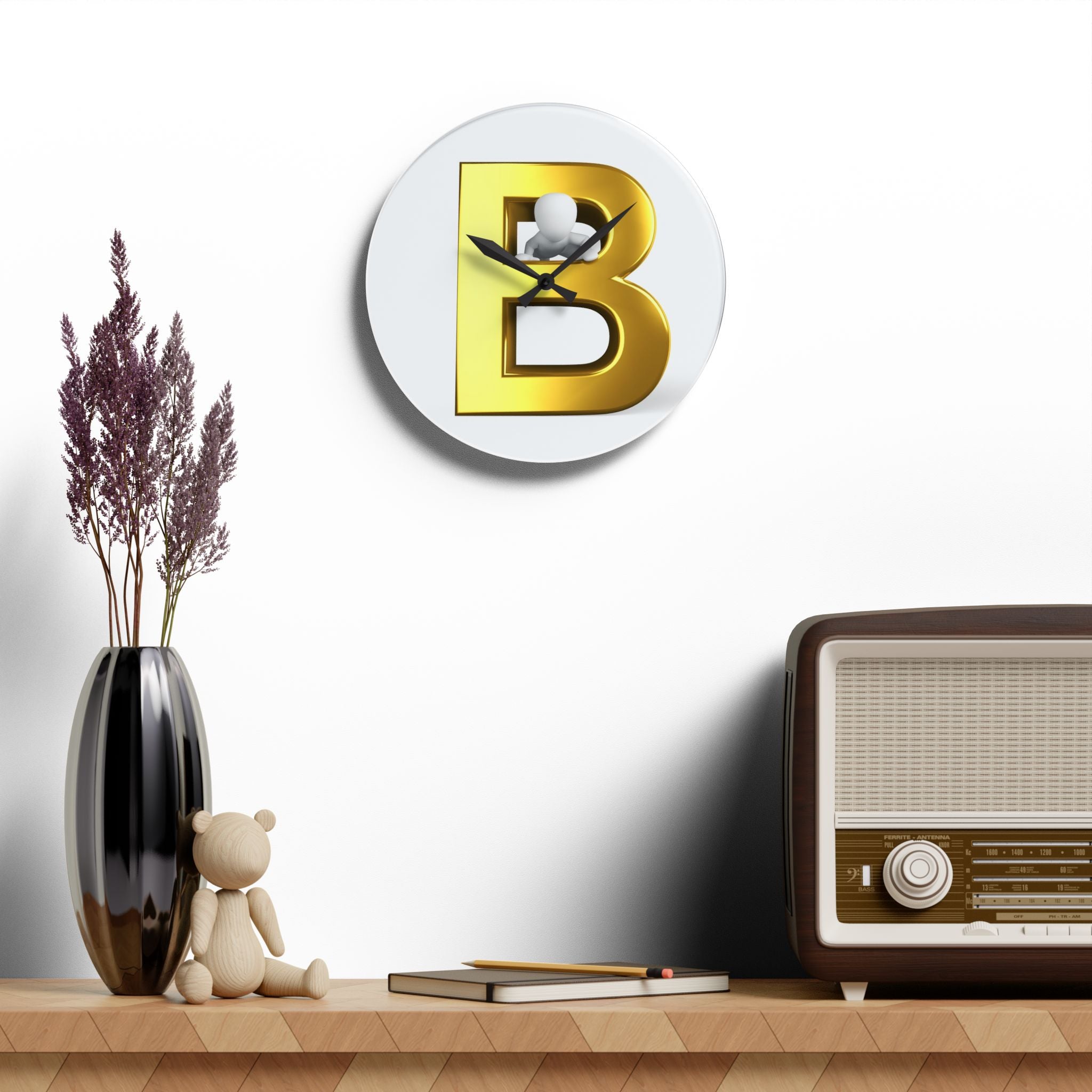 Gold Letter B Monogram Acrylic Wall Clock | Modern Initial Decor
