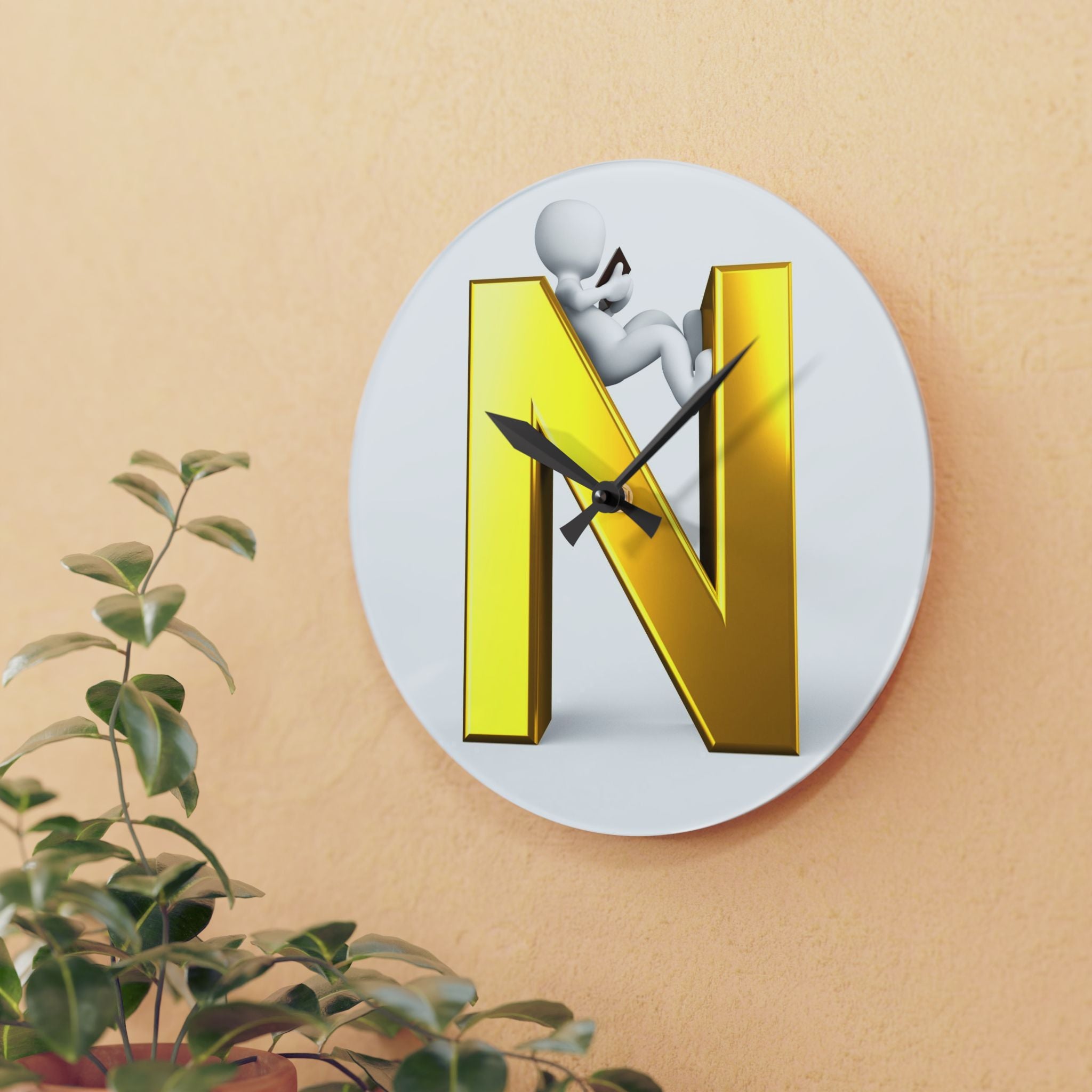 Gold Letter N with Climbing Figure Acrylic Wall Clock | Monogram Initial Decor