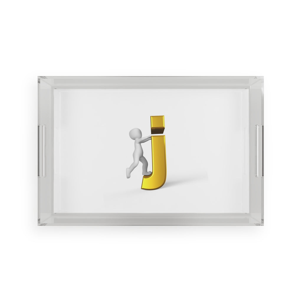 3D Stick Figure Climbing Gold Letter J Acrylic Serving Tray | Monogram Initial