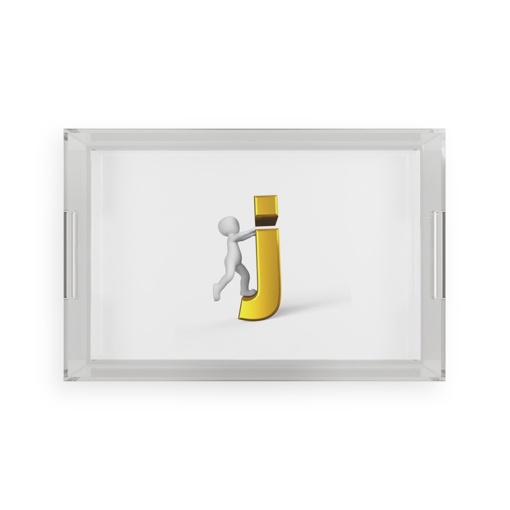 3D Stick Figure Climbing Gold Letter J Acrylic Serving Tray | Monogram Initial