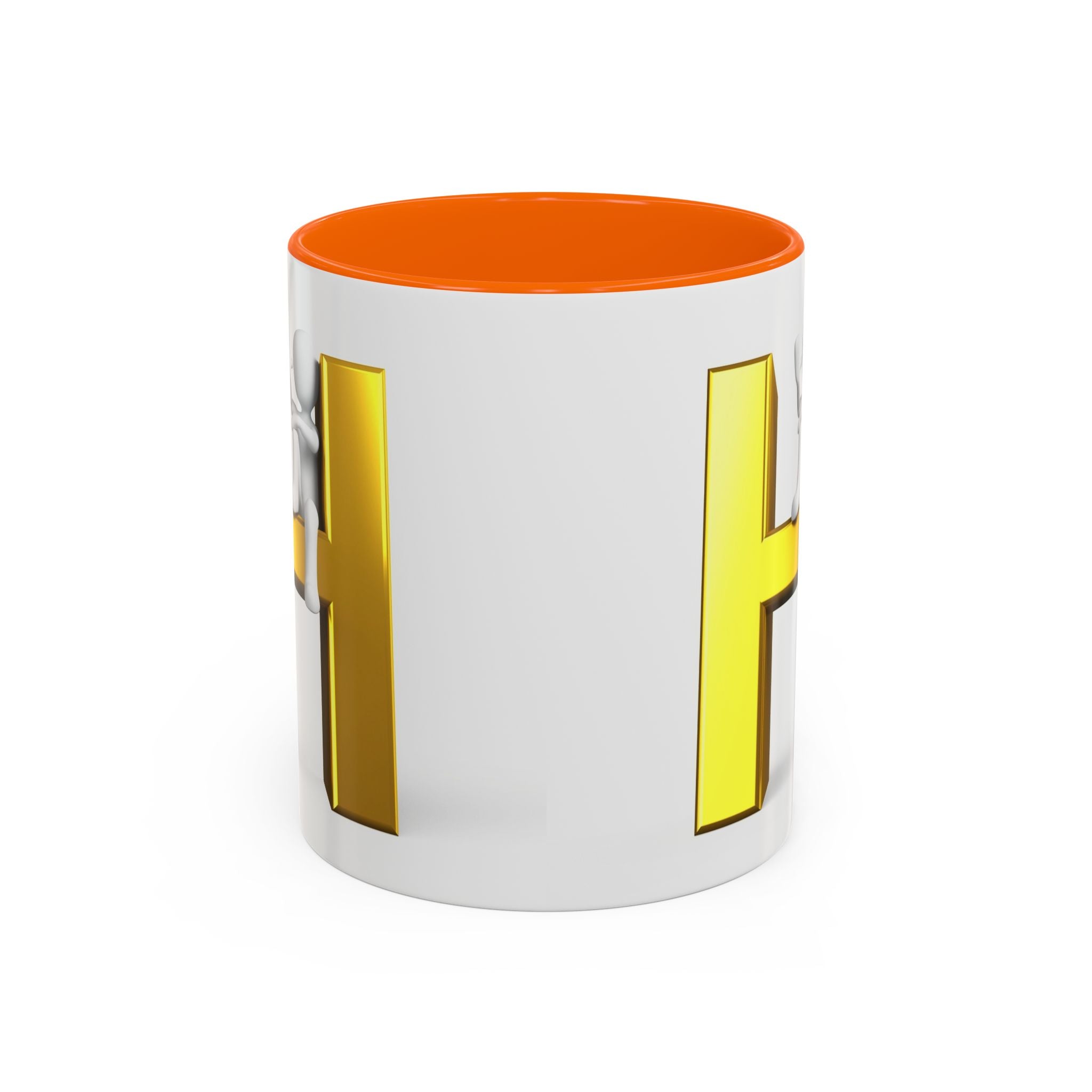 Mug en céramique avec bonhomme allumette 3D accroché à la lettre H dorée | Mug à anse de couleur