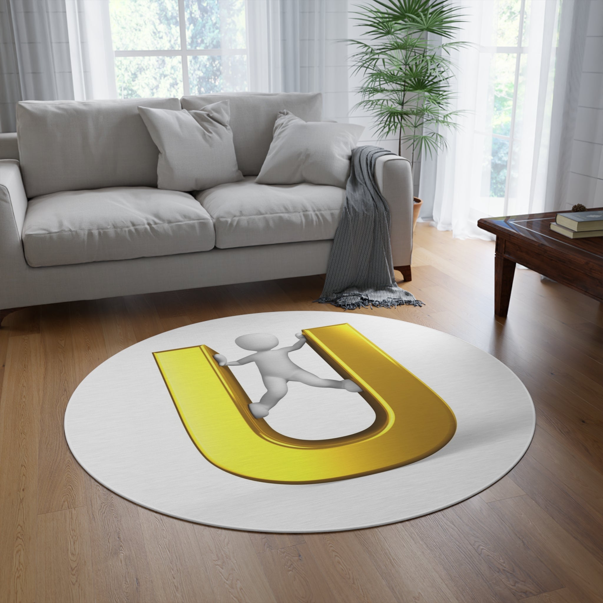 Golden U Letter with Climbing Figure Round Rug | Alphabet Initial Decor