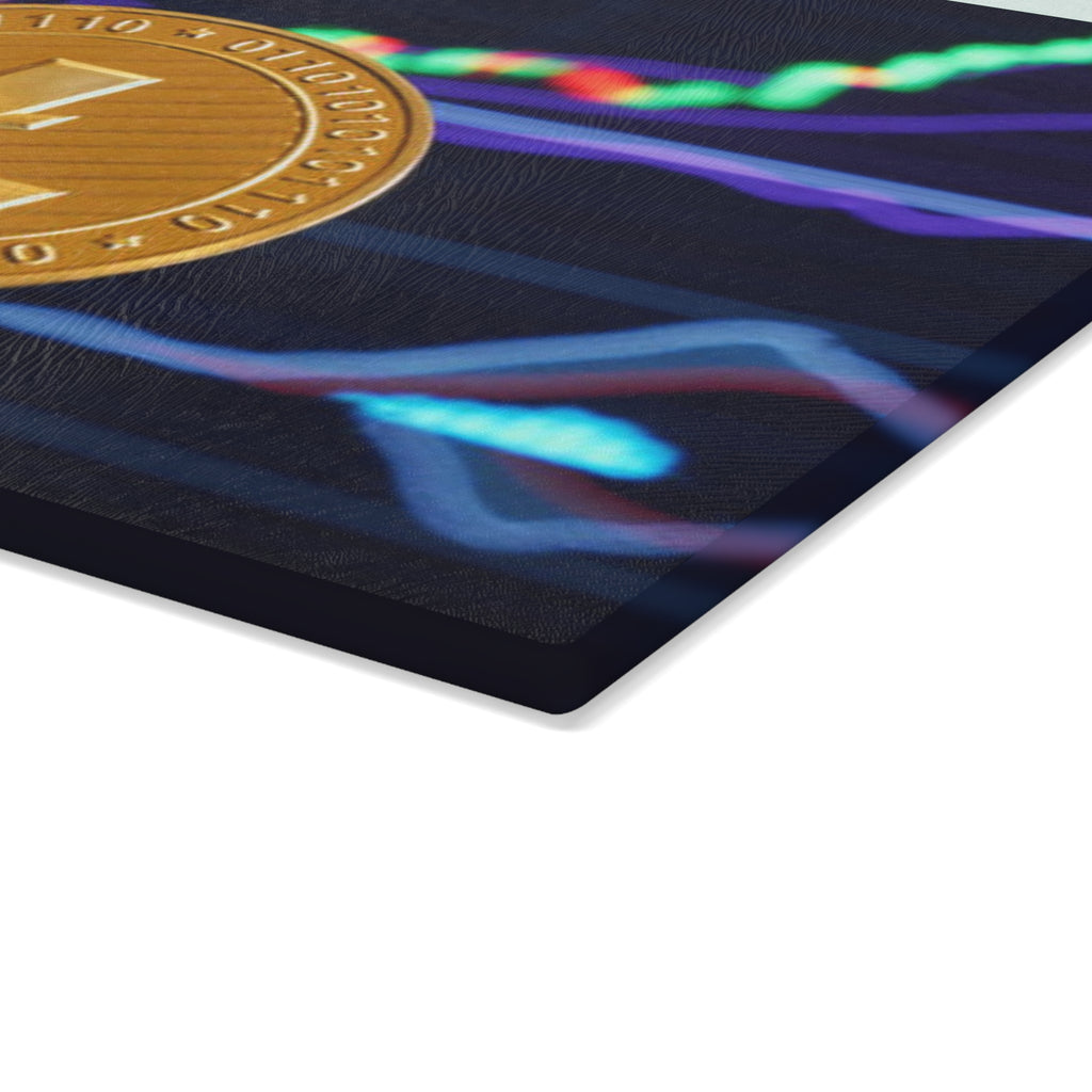Litecoin Coin with Crypto Market Chart Glass Cutting Board | Cryptocurrency Kitchen Decor