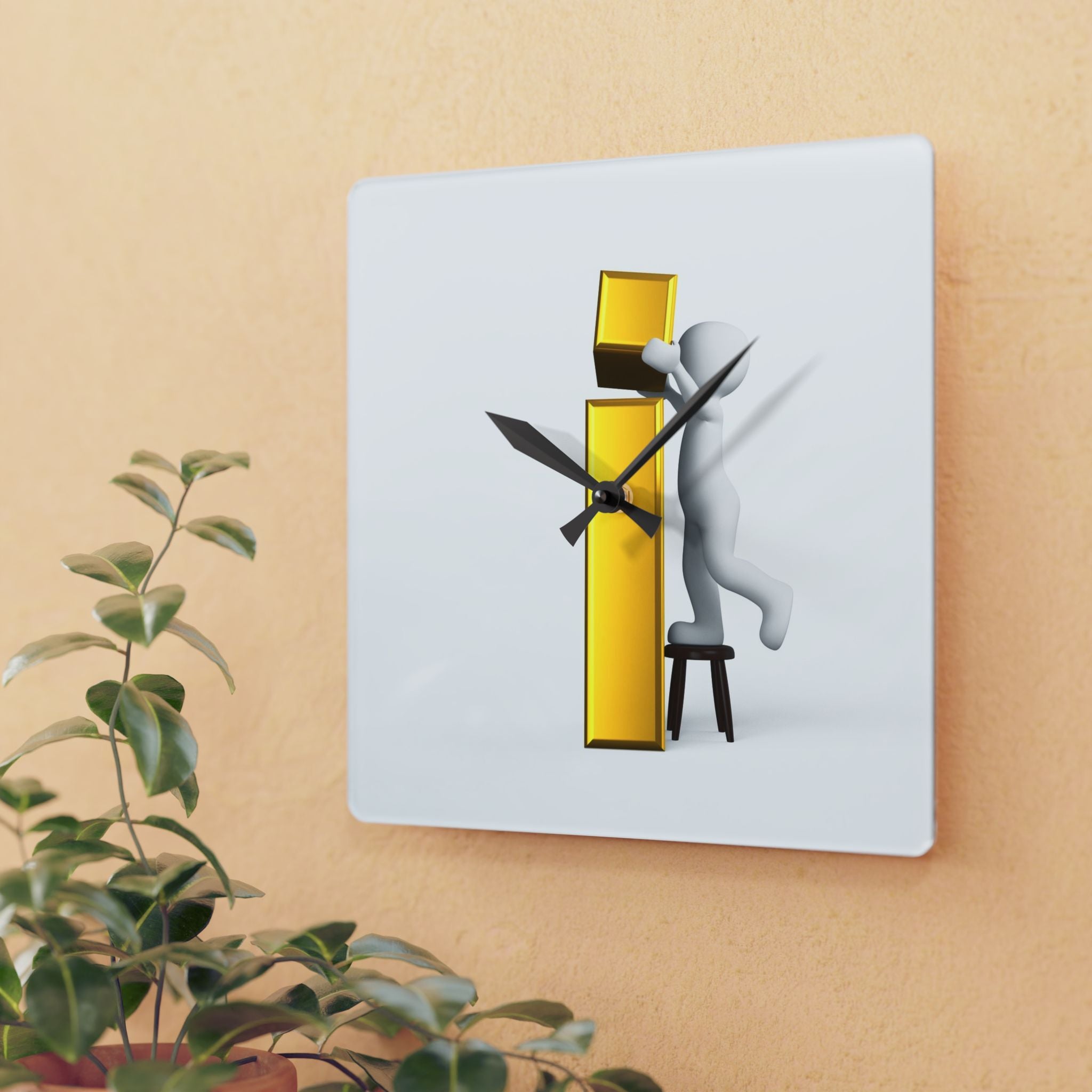 3D Figure Holding Gold Letter i Acrylic Wall Clock, modern typographic decor