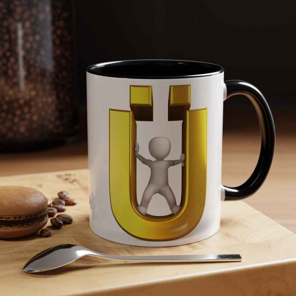 Tasse à café 3D « Lettre Ü dorée avec figurine stylisée » | Mug à anse de couleur
