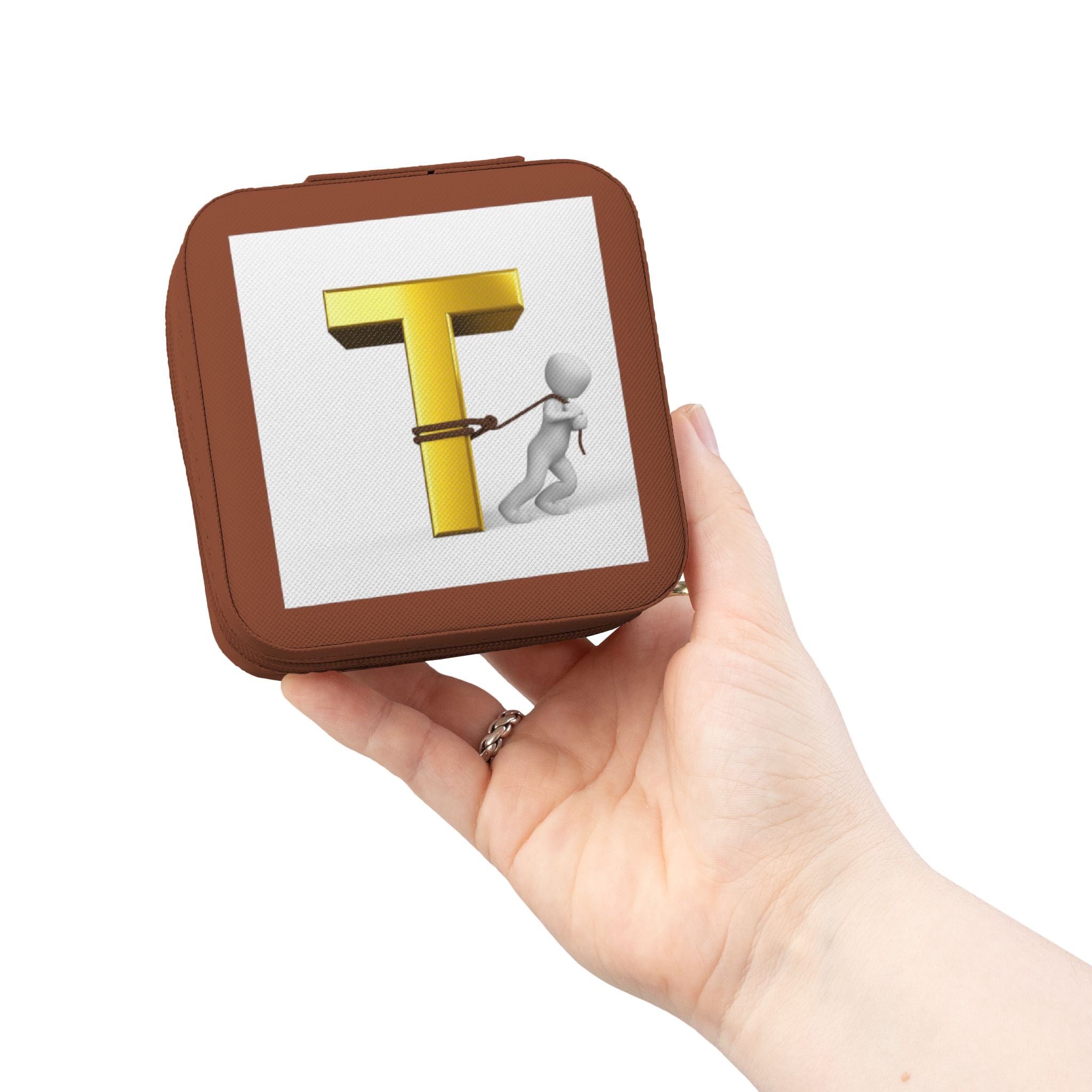 Étui de voyage carré compact pour bijoux avec monogramme lettre T en or | Boîte à bibelots