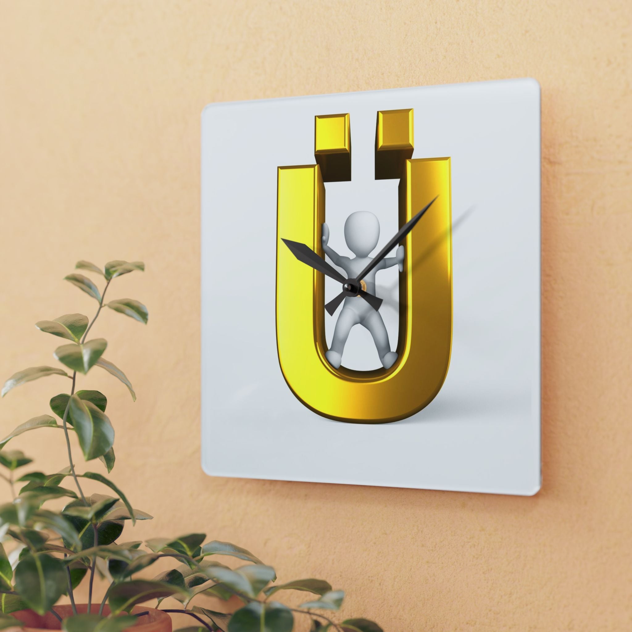 Golden Letter Ü Acrylic Wall Clock | Modern Typography Decor