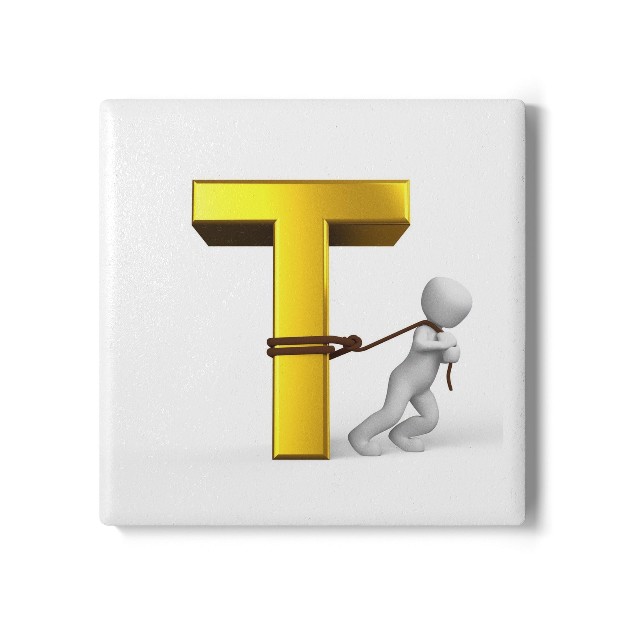 T Letter Tugging Figure Ceramic Coaster | Monogram Initial Drink Mat