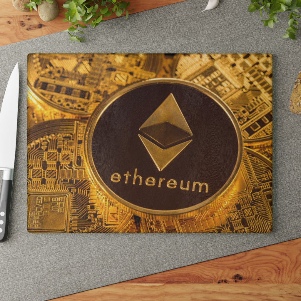 Ethereum Crypto Coin Glass Cutting Board | Cryptocurrency Kitchen Decor