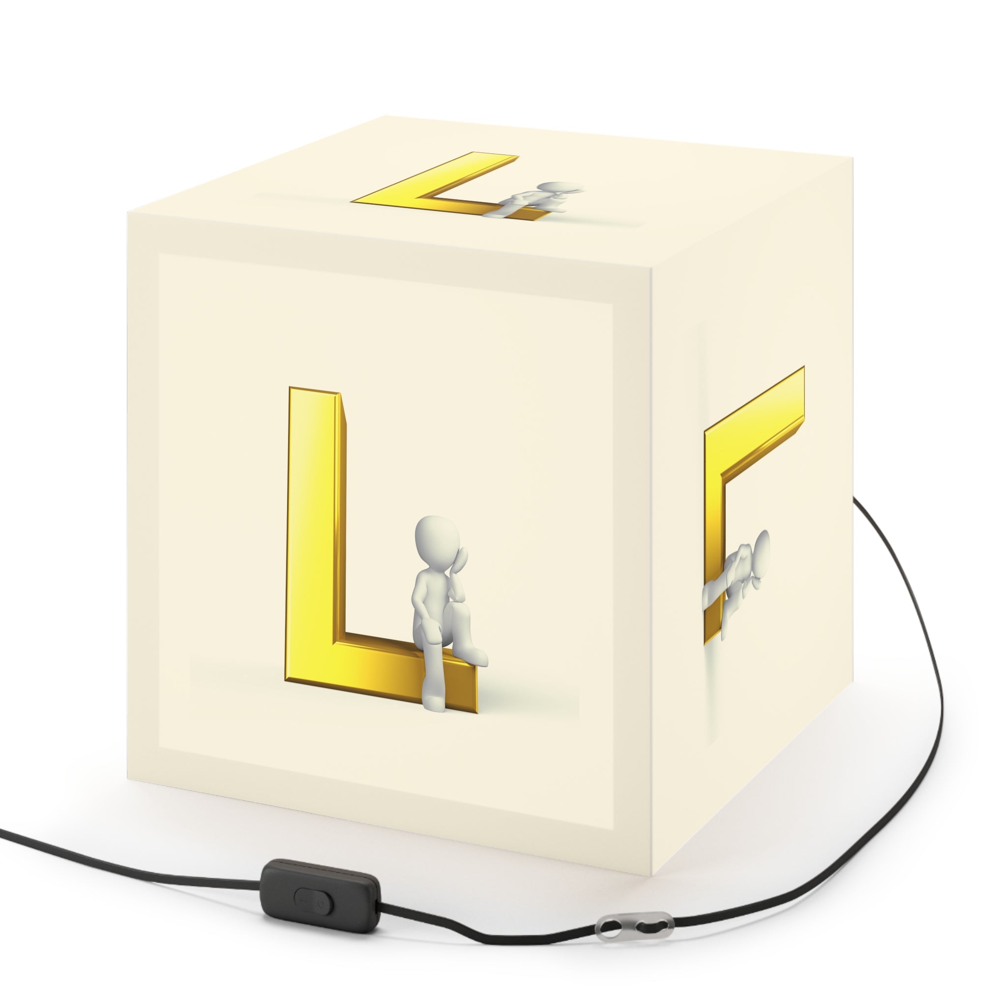 3D Stick Figure with Gold Letter L Light Cube Lamp | Modern Nursery Accent
