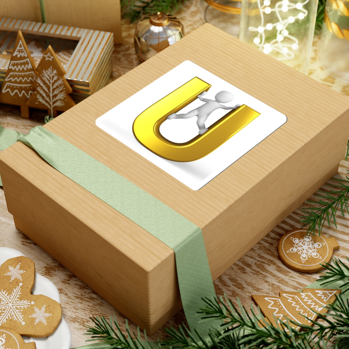 3D Gold Letter U with Climbing Figure Sticker | Kiss-Cut Sticker