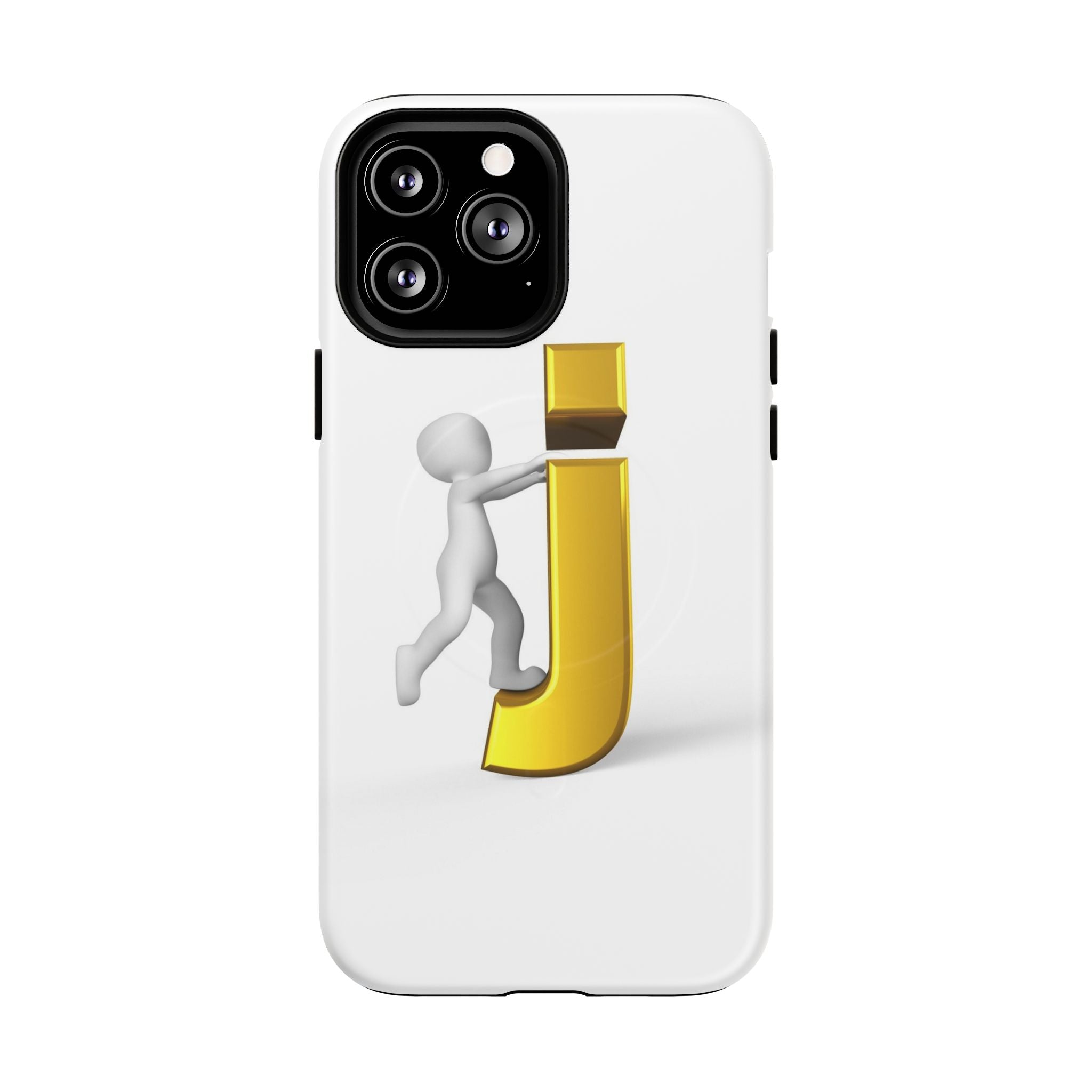 Coque de téléphone 3D Bonhomme allumette Poussant la lettre J dorée | Coque magnétique robuste