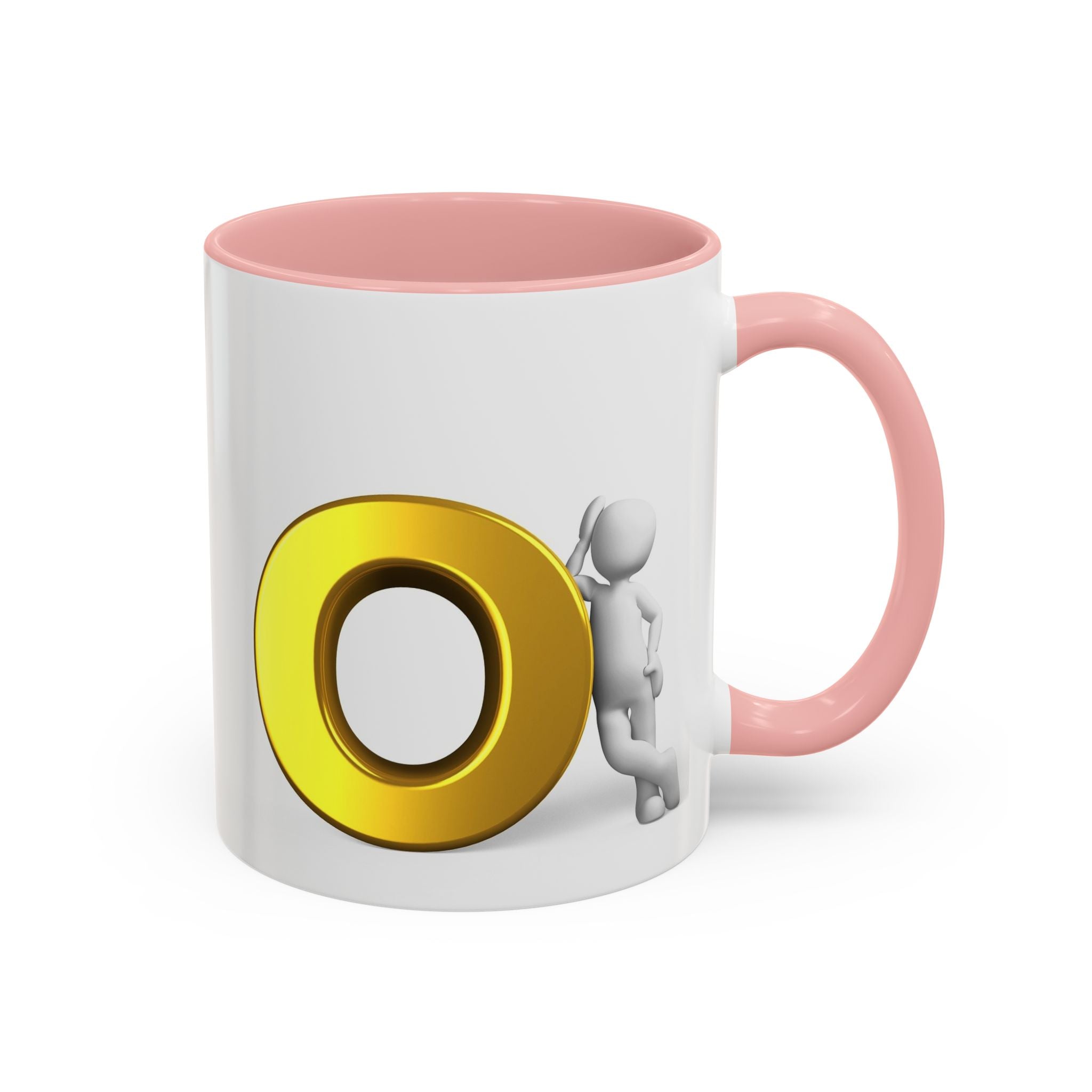 3D Strichmännchen, das sich an Goldbuchstaben O Tasse lehnt | Akzent-Kaffeetasse