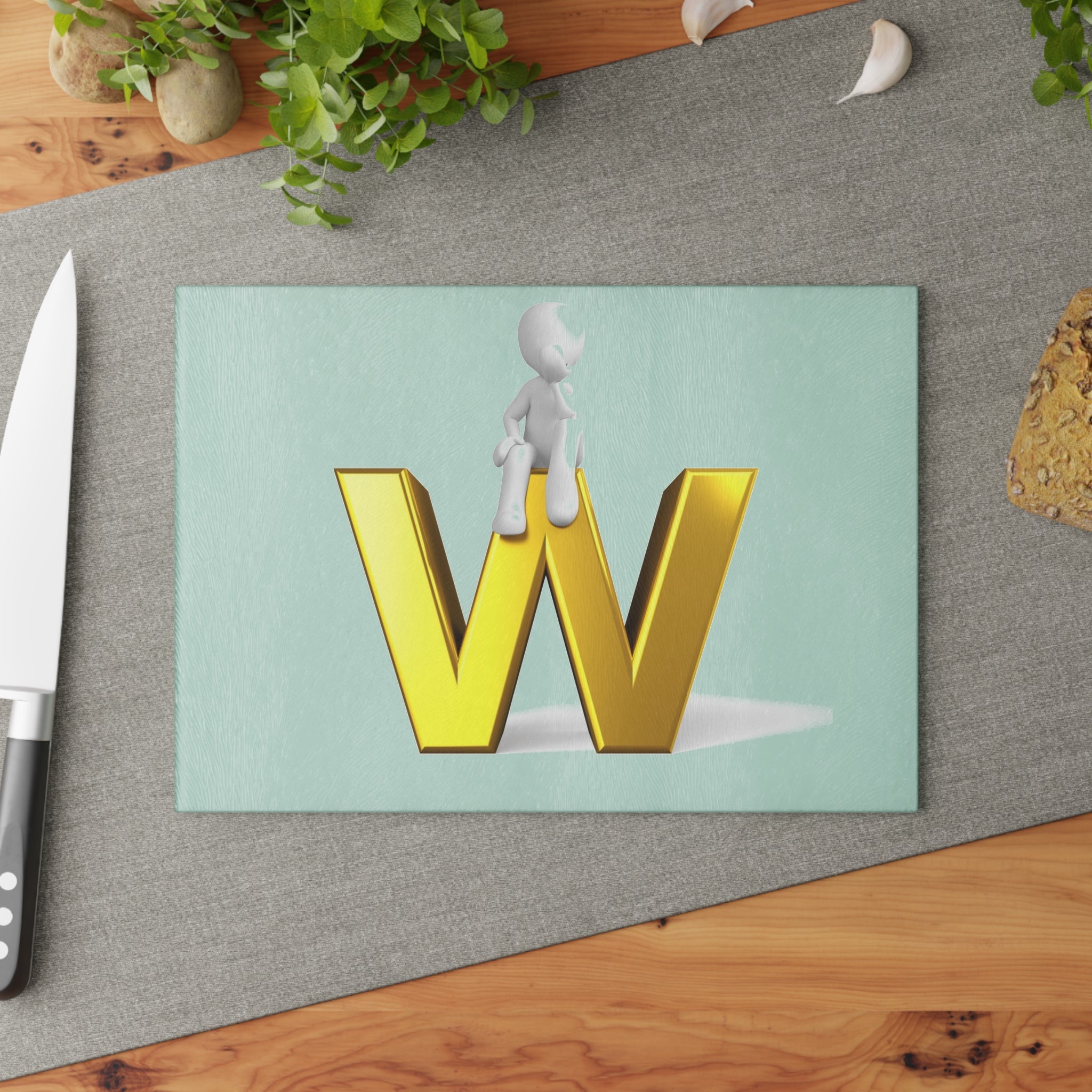 Gold Letter W with Sitting Character Glass Cutting Board | Monogram Kitchen Decor