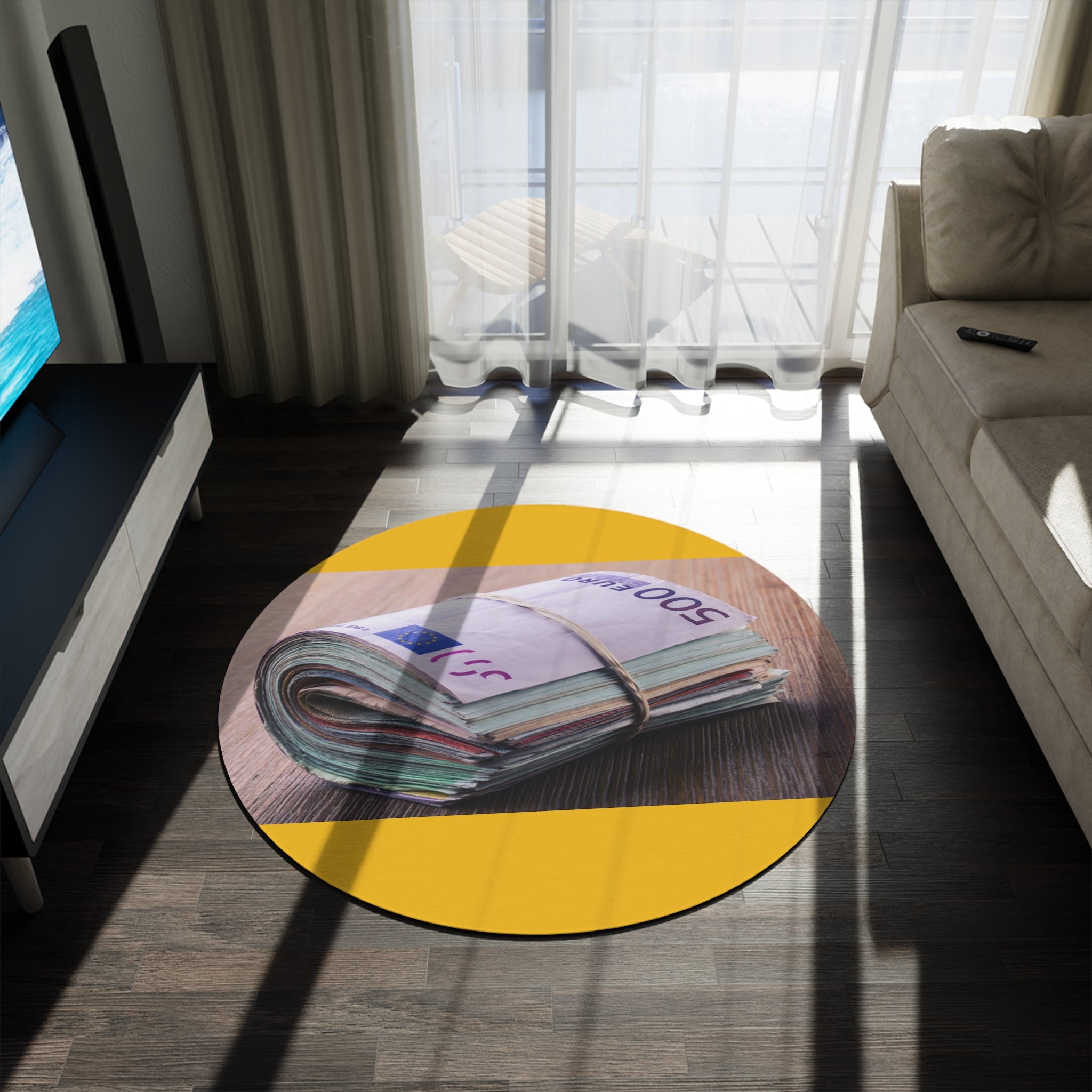 Rolled Euro Banknotes Round Rug | Money Stack Decorative Floor Mat