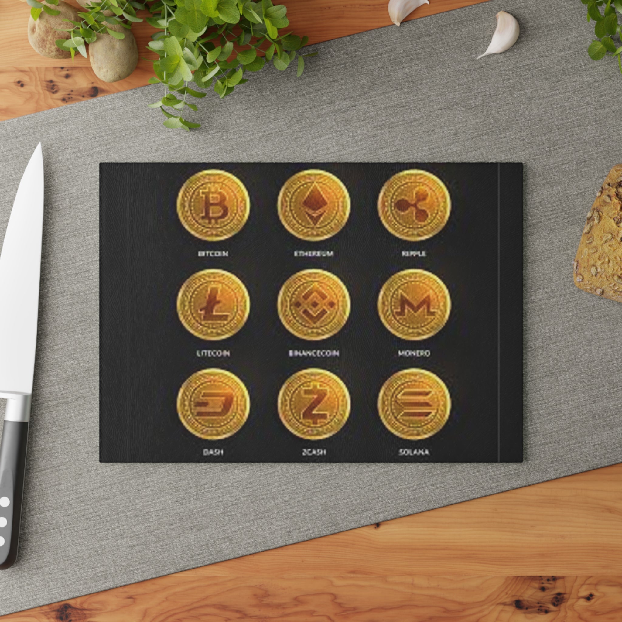 Cryptocurrency Coins glass cutting board | Bitcoin Ethereum Ripple Litecoin Binance Monero
