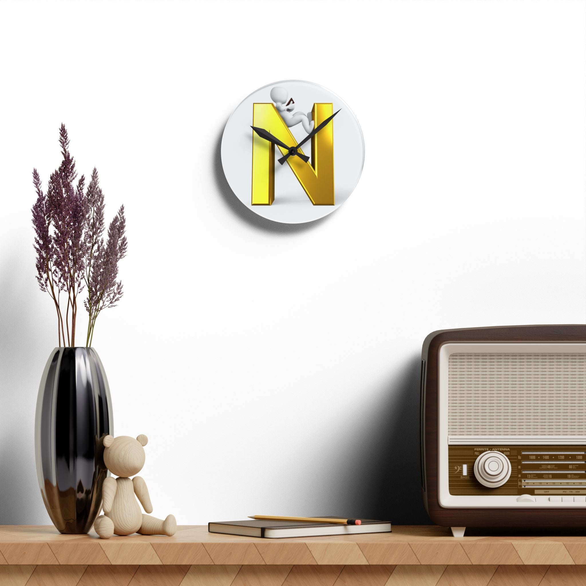 Gold Letter N with Climbing Figure Acrylic Wall Clock | Monogram Initial Decor