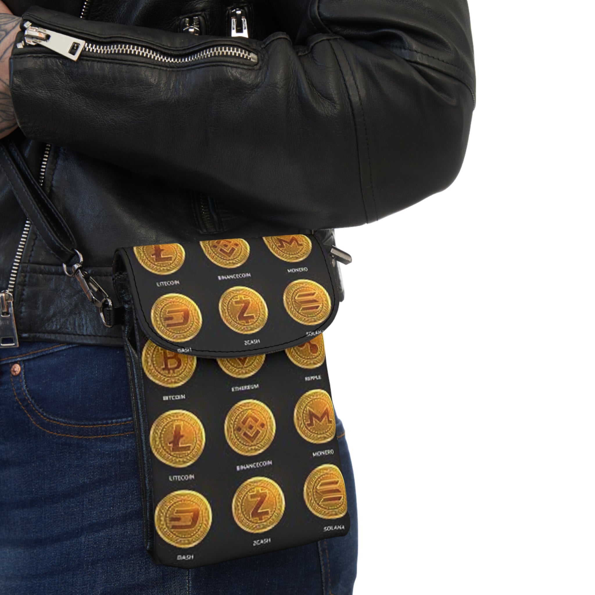 Cryptocurrency Coin Pattern Small Cell Phone Wallet | Crossbody Phone Pouch