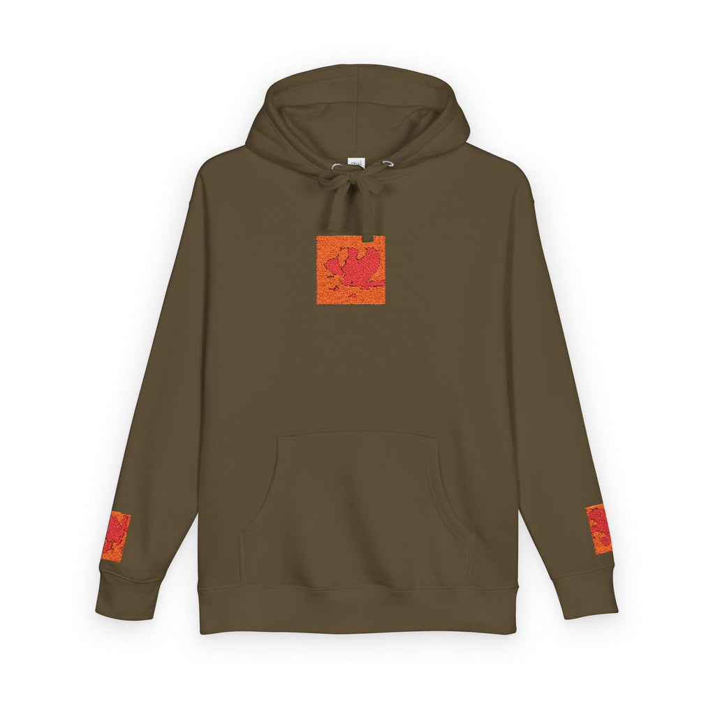 Orange Phoenix Pixel Art Hoodie | Square Chest & Sleeve Patch