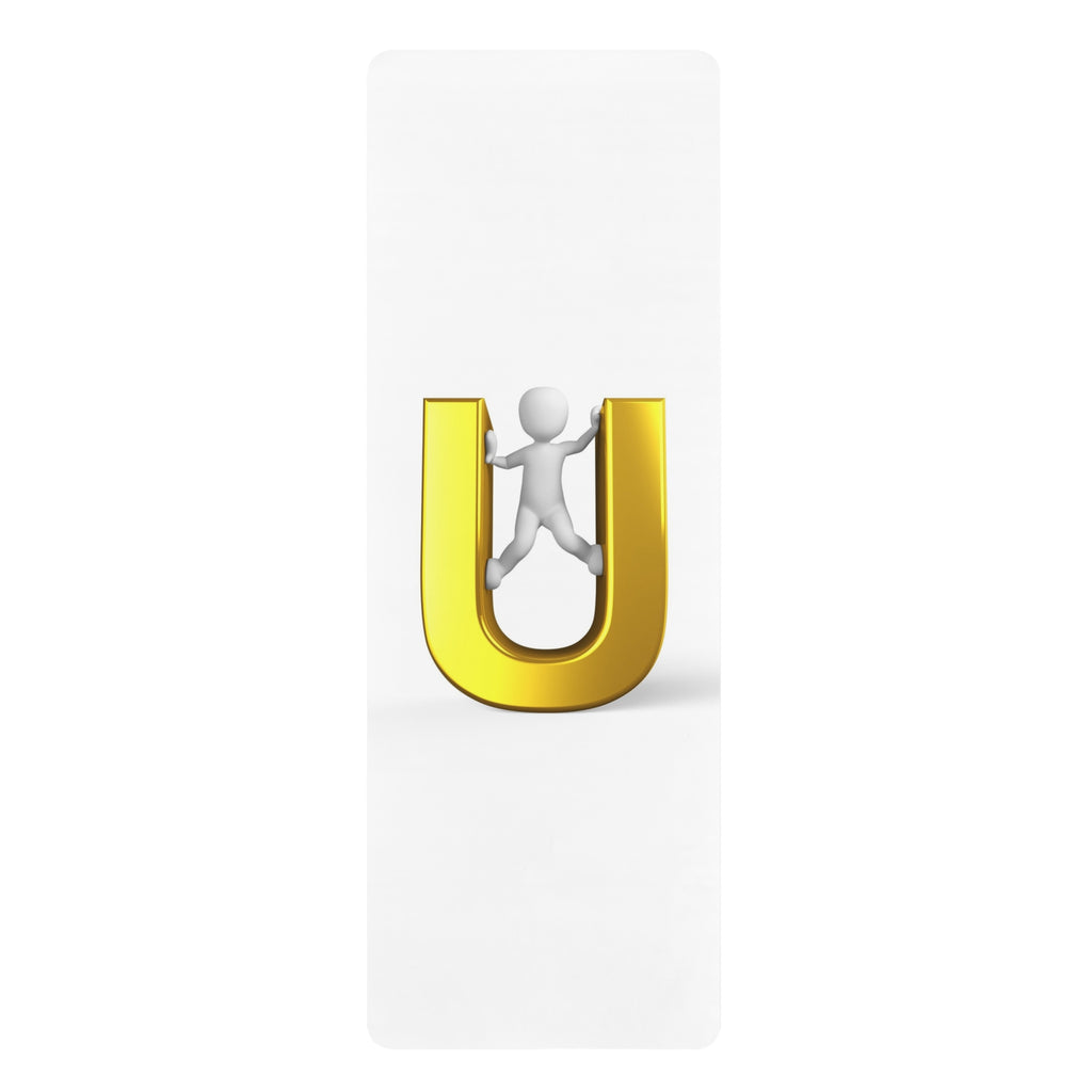 3D Stick Figure Climbing Gold U Rubber Yoga Mat | Minimalist Letter U Design